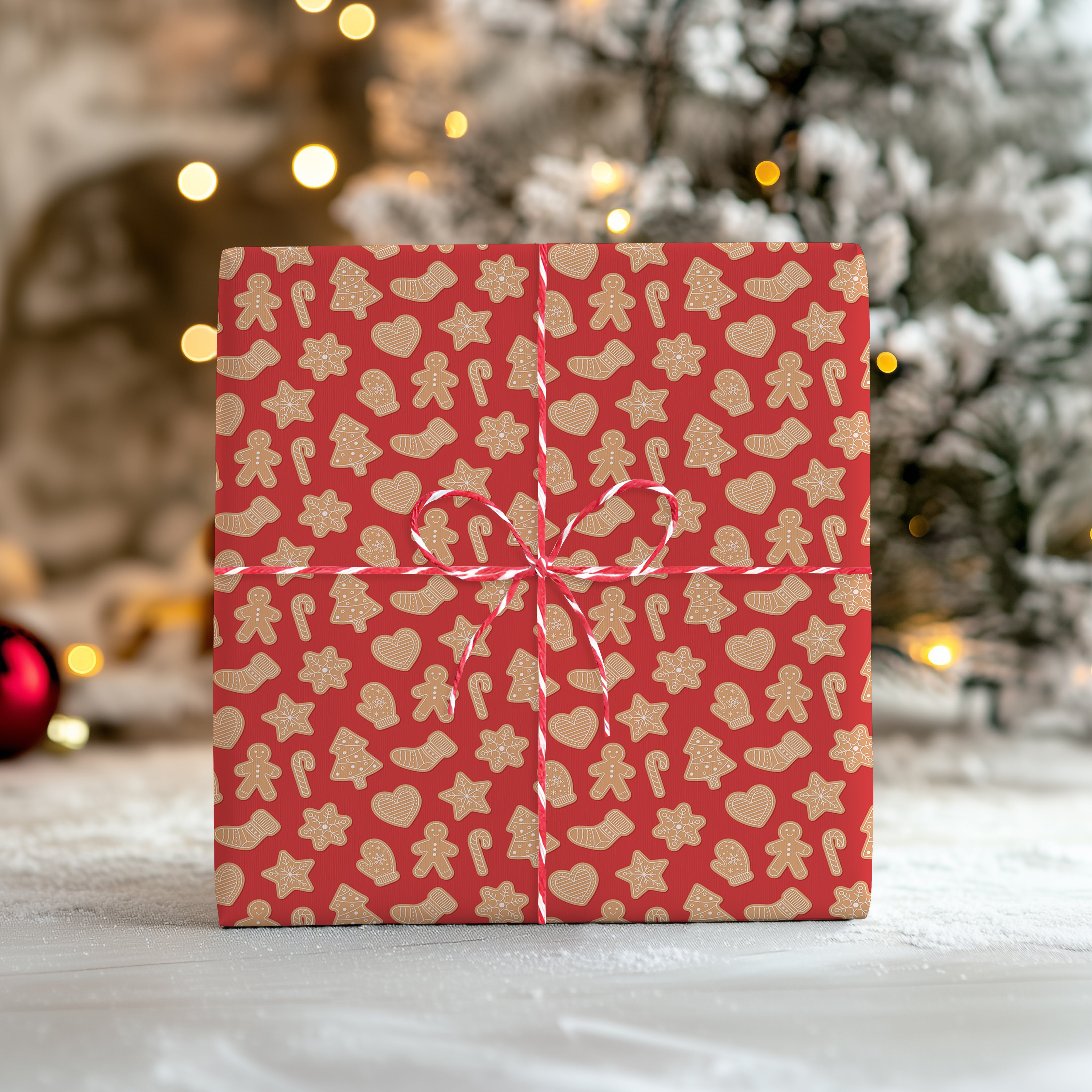 Gingerbread Cookie Wrapping Paper Sheet – Classic Christmas Festive Gift Wrap for Presents, Red