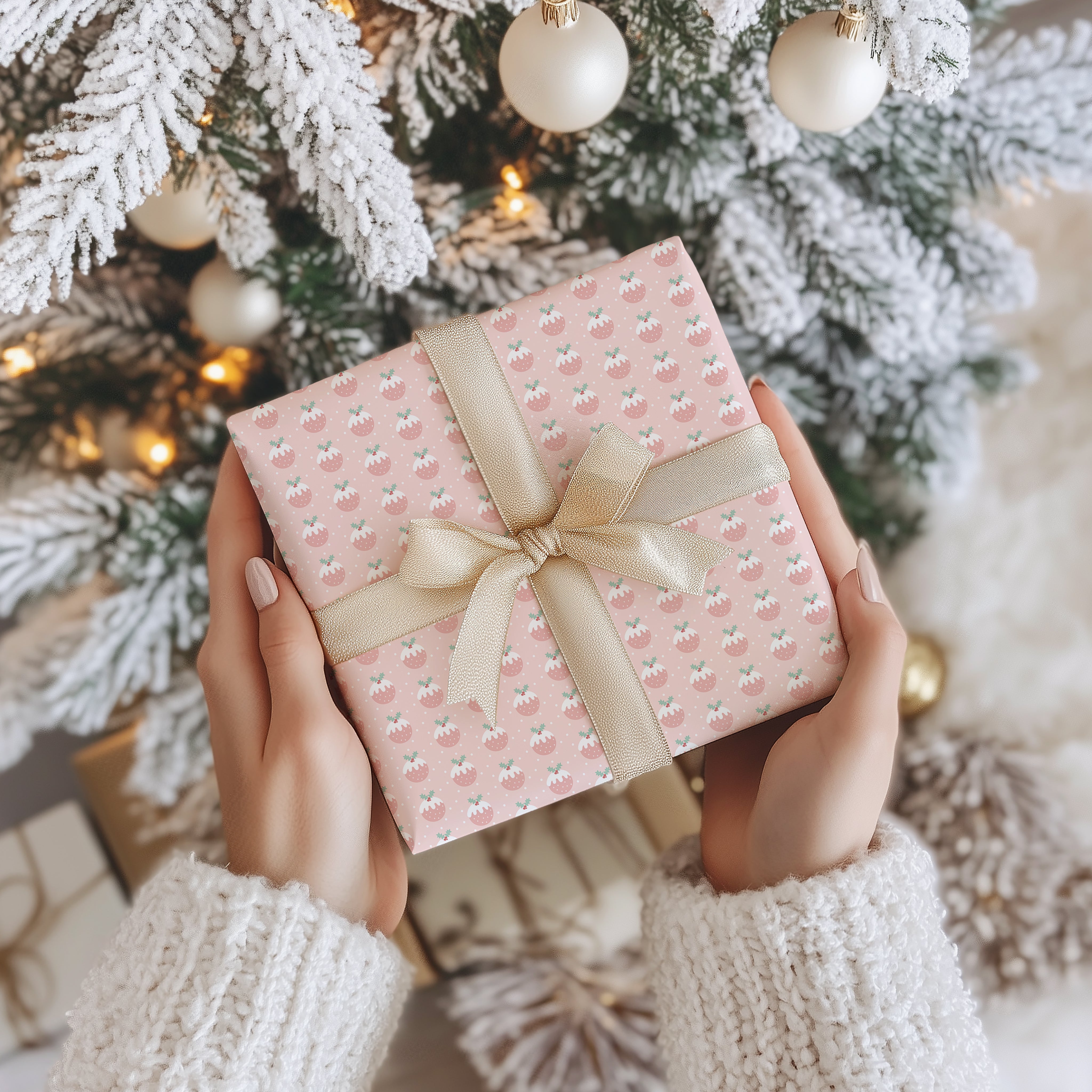 Mini Christmas Pudding Wrapping Paper Sheet – Cute Pastel Festive Gift Wrap for Presents, Blush Pink