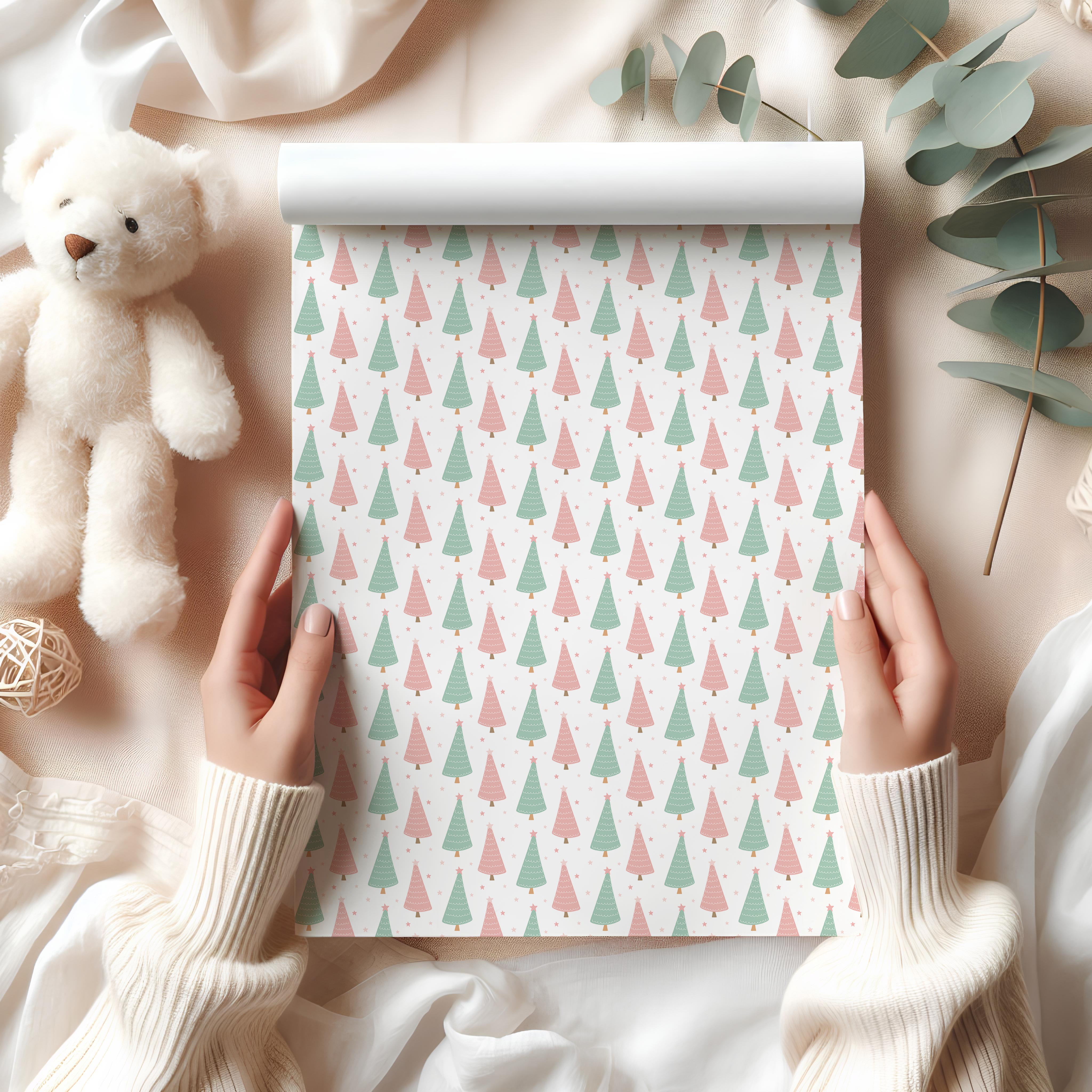 Pastel Christmas Tree Wrapping Paper Sheet – Cute Pink and Mint Festive Gift Wrap for Presents, White