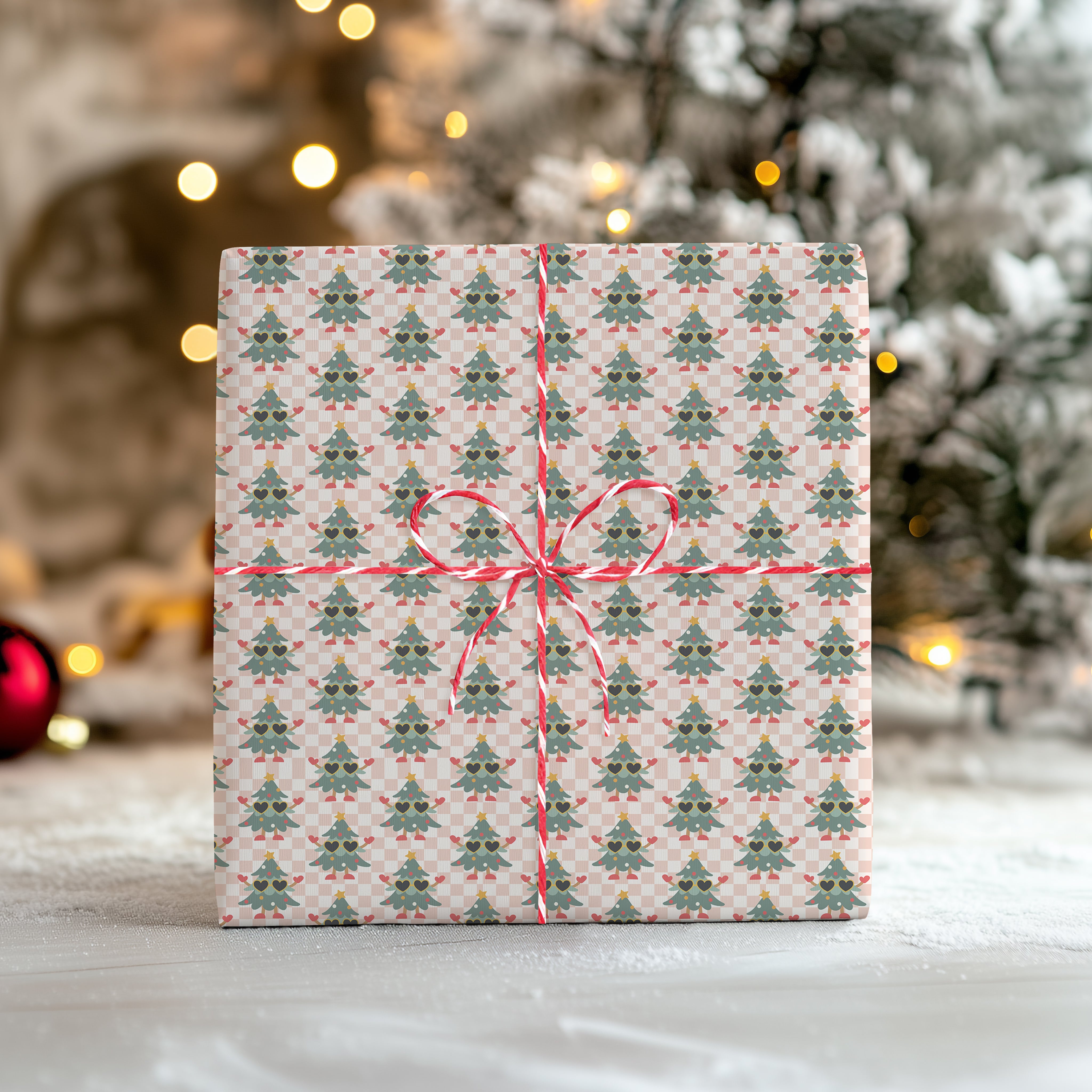 Cute Santa Christmas Tree Wrapping Paper Sheet – Pastel Festive Gift Wrap for Presents, Blush Pink
