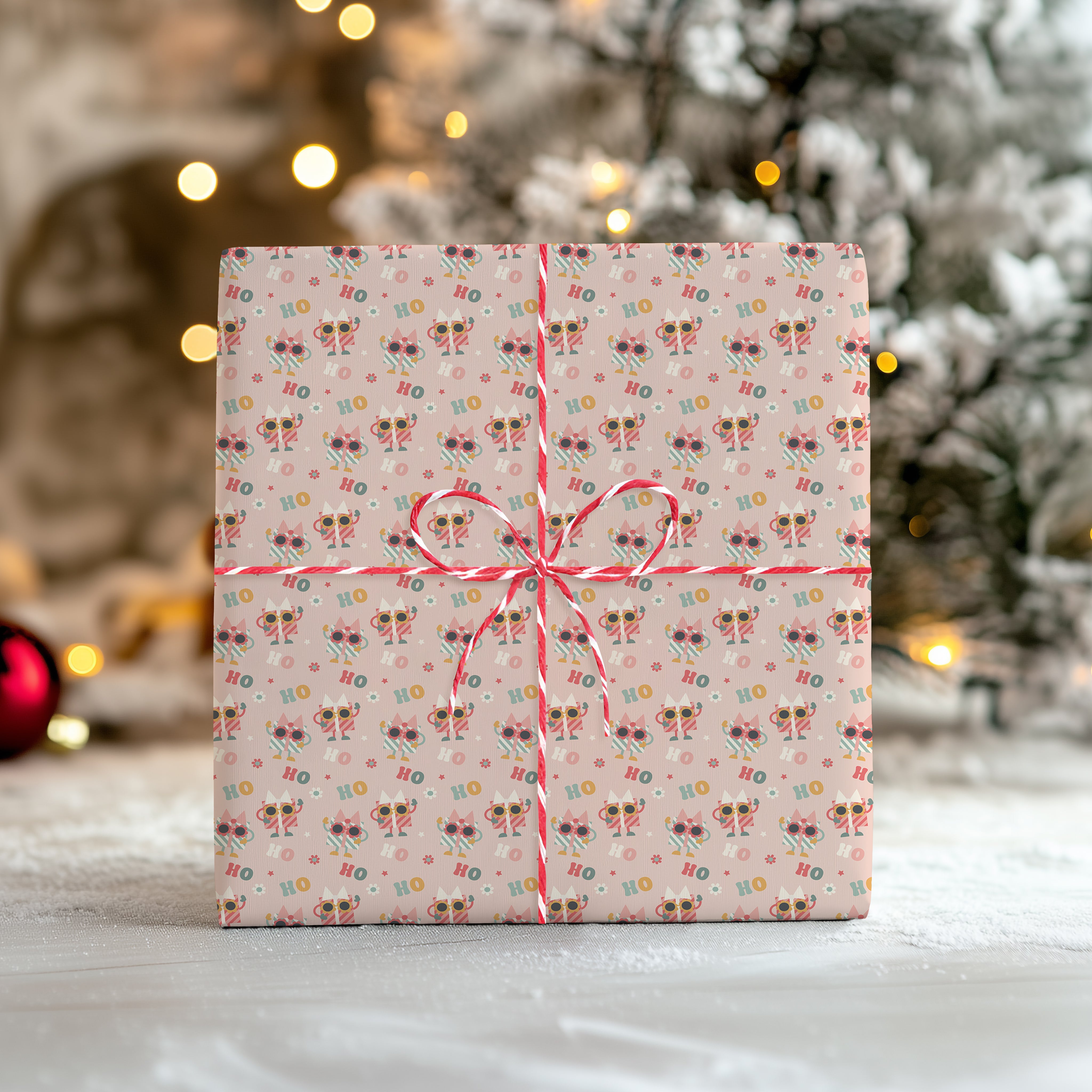 Quirky Santa Ho Ho Ho Wrapping Paper Sheet – Pastel Festive Gift Wrap with Sunglasses Design, Blush Pink