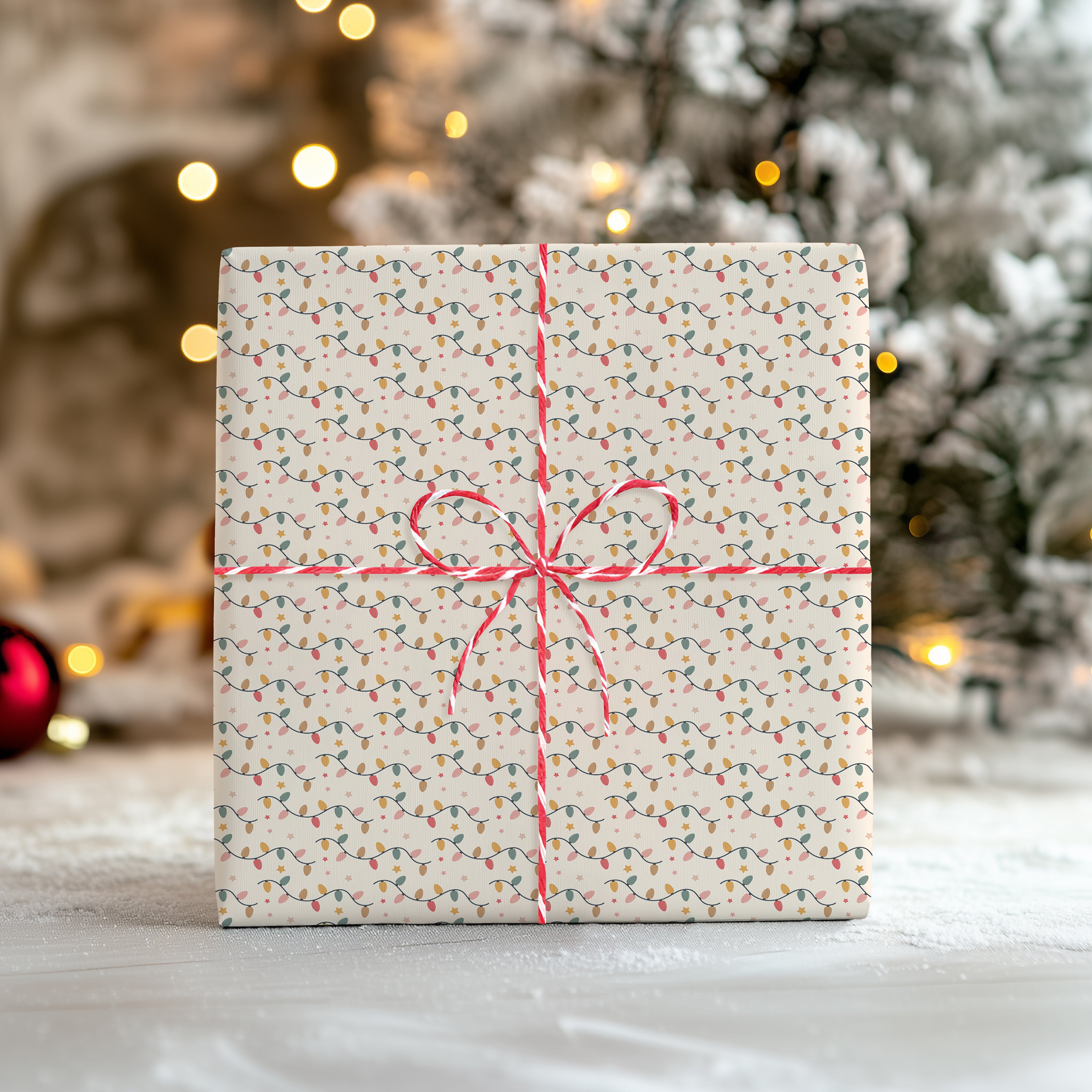Pastel Christmas Lights Wrapping Paper Sheet – Cute String Lights Gift Wrap for Festive Presents, Cream