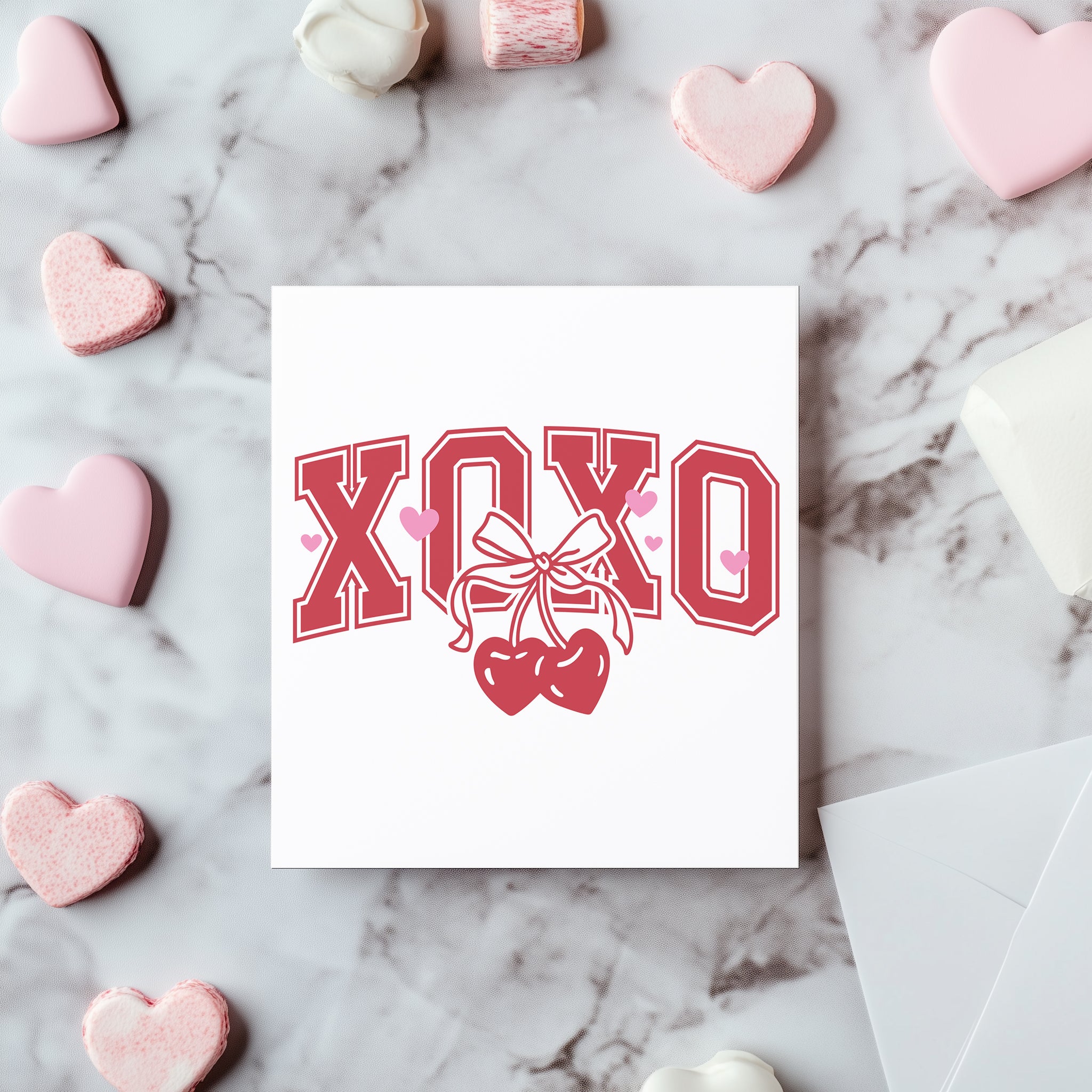 Coquette Cherry XOXO Card - Trendy Varsity Lettering Valentine