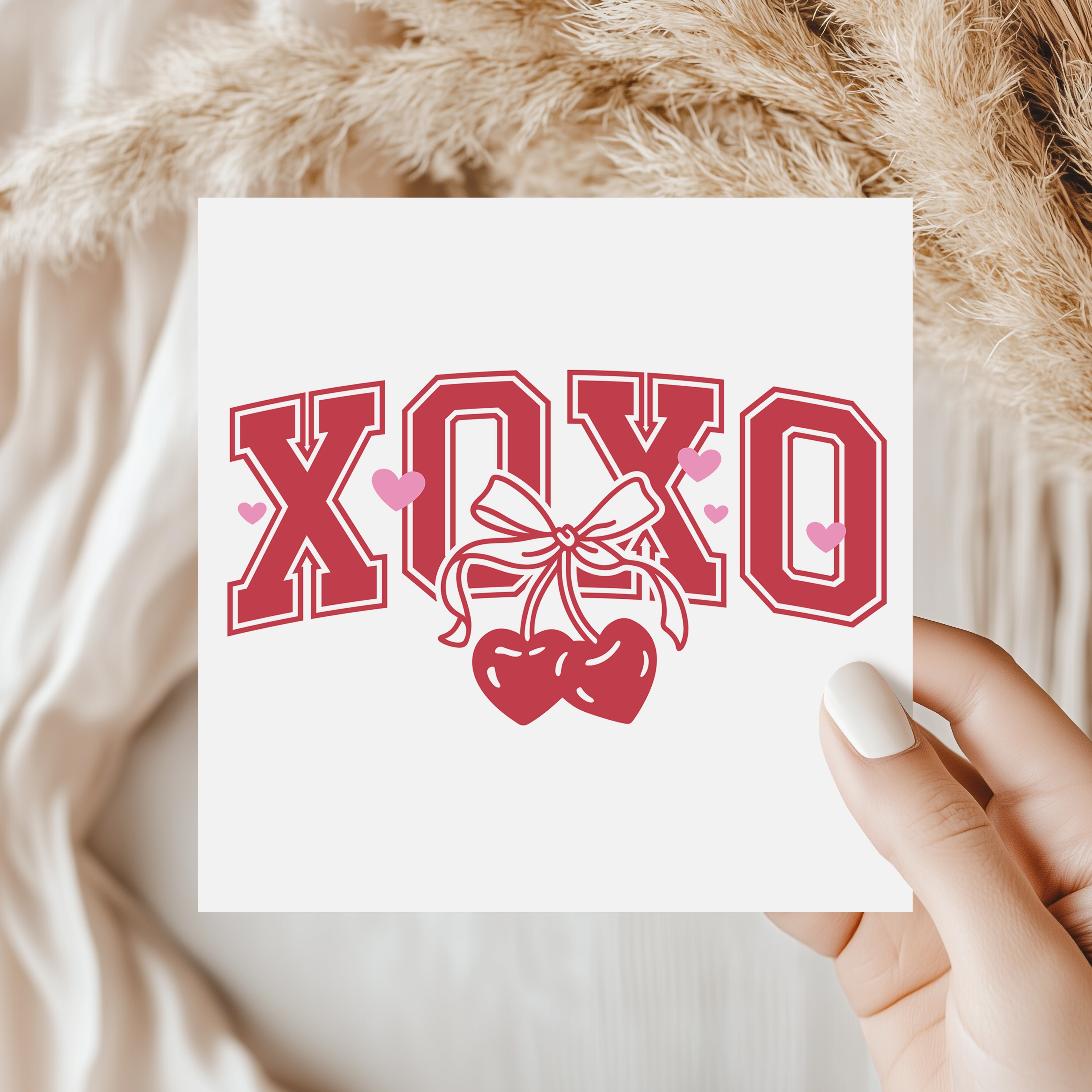 Coquette Cherry XOXO Card - Trendy Varsity Lettering Valentine