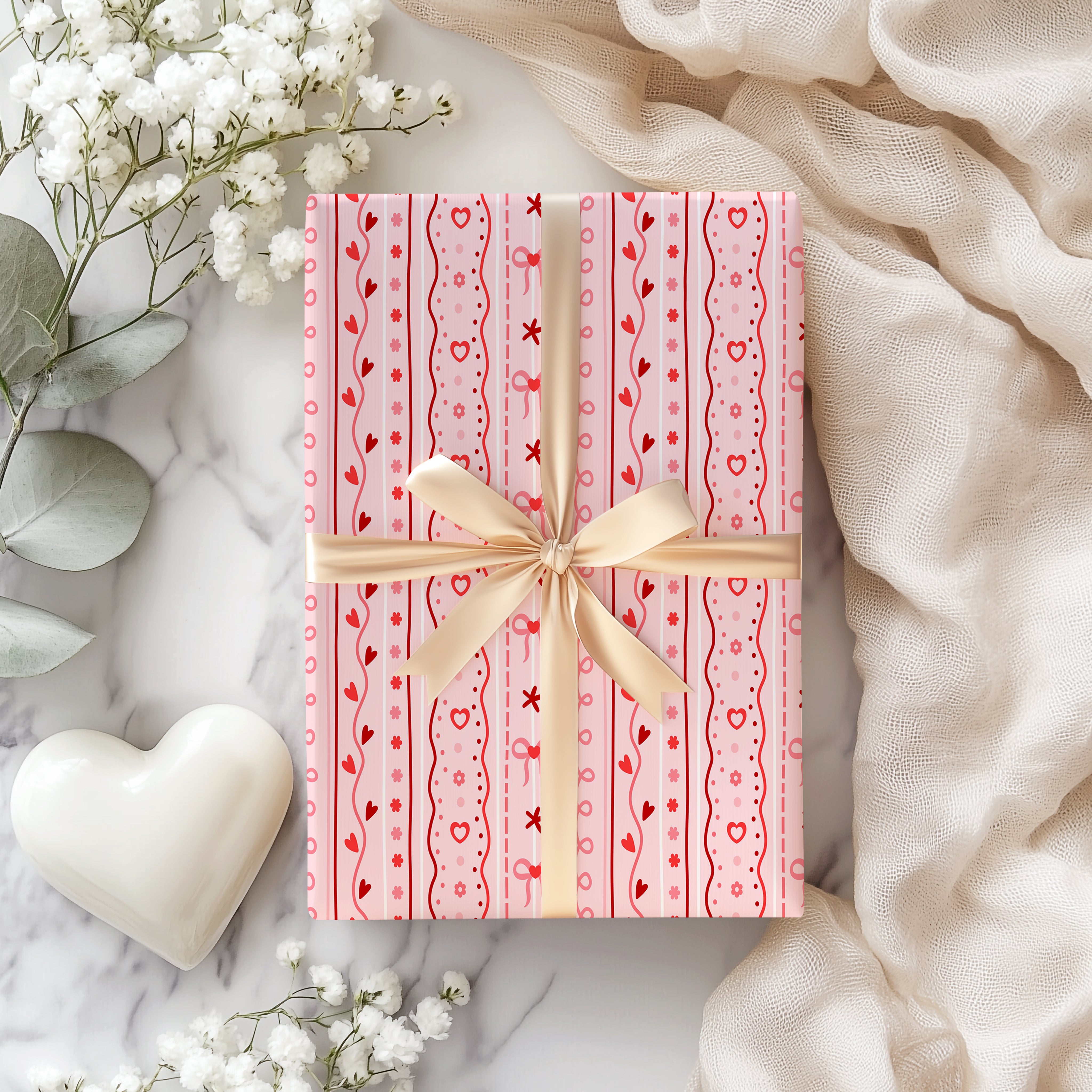 Heart and Bow Stripe Wrapping Paper Sheet – Cute Romantic Gift Wrap for Valentine's Day or Anniversaries, Pink