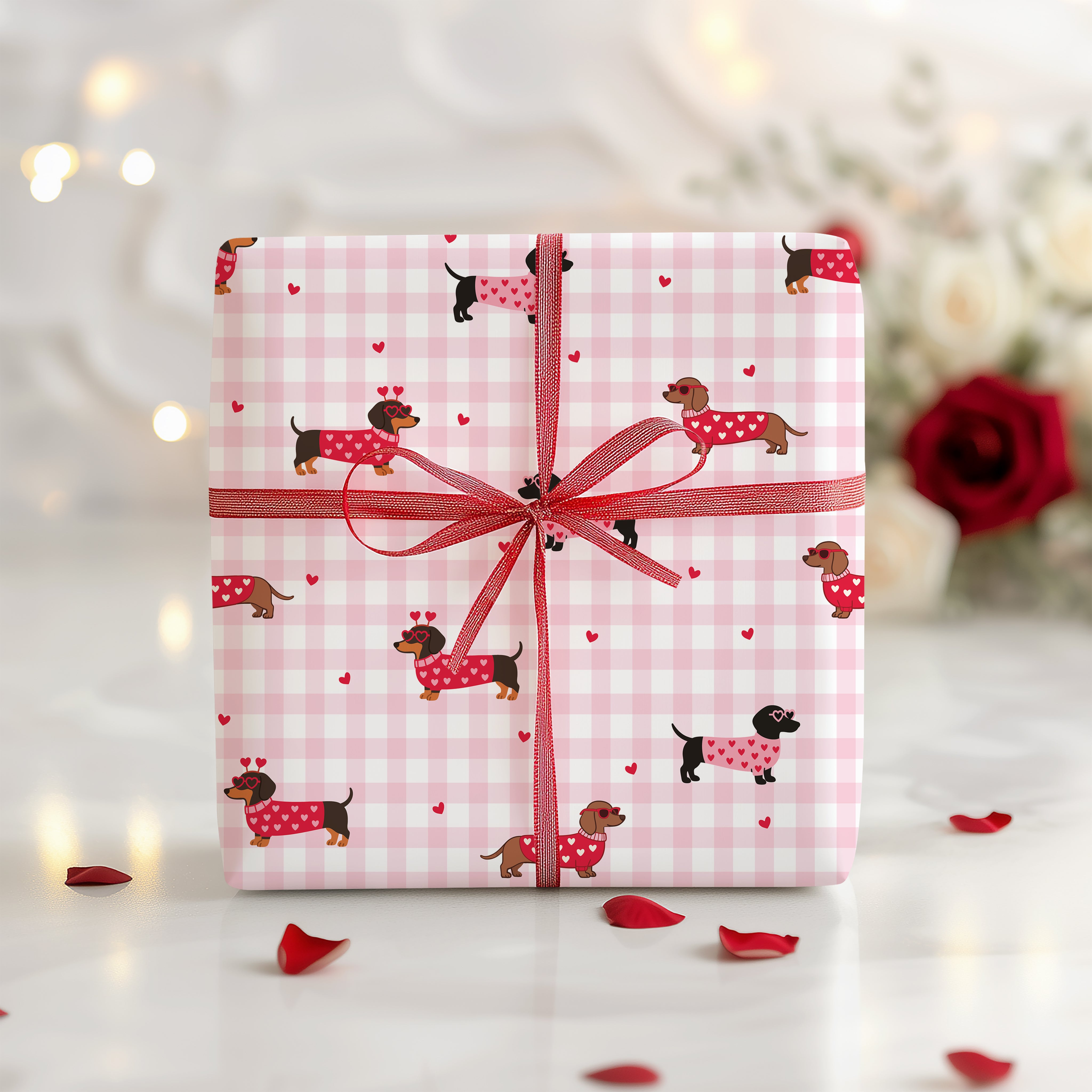 Valentine Sausage Dog Wrapping Paper Sheet – Cute Gingham Dachshund Gift Wrap for Dog Lovers, Pink