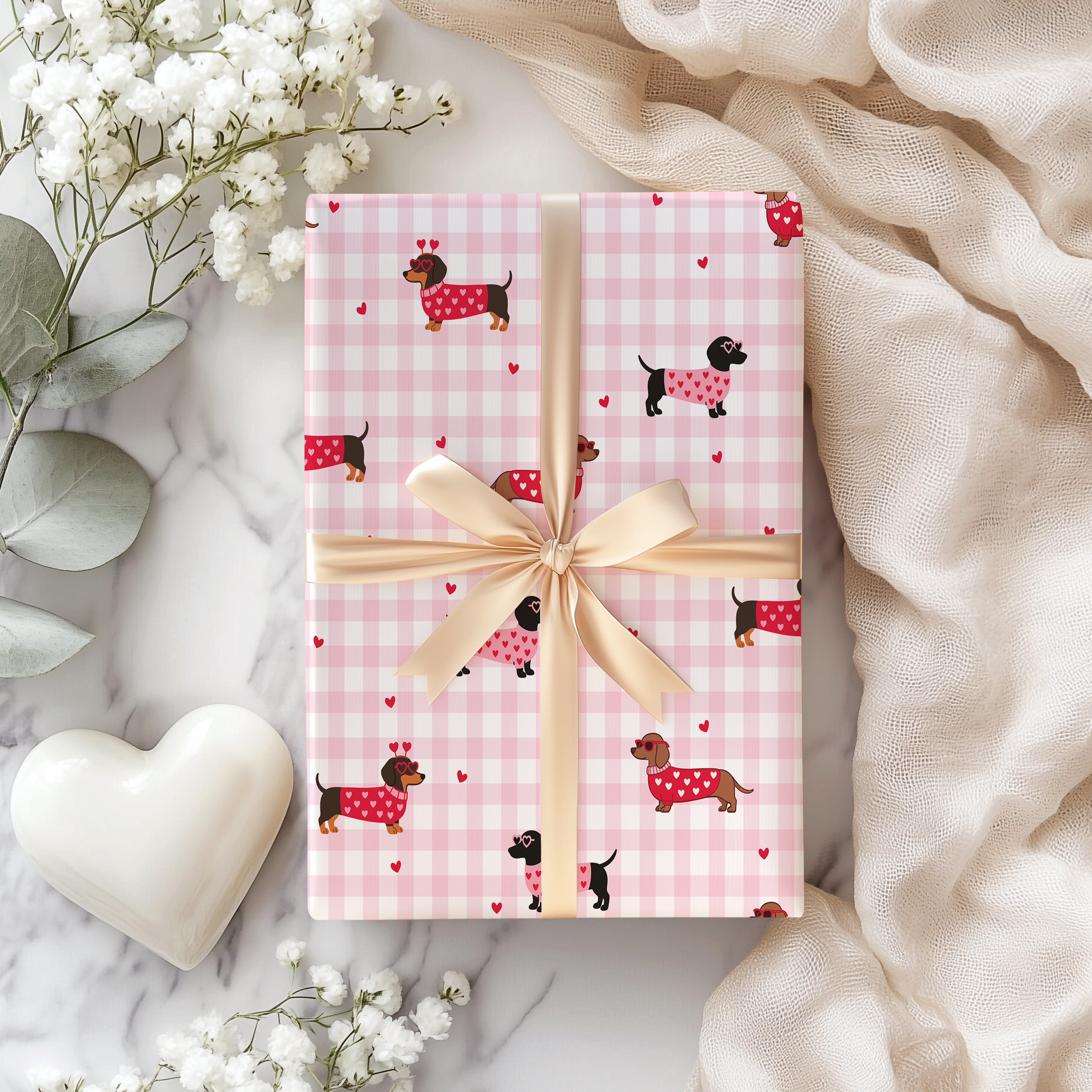 Valentine Sausage Dog Wrapping Paper Sheet – Cute Gingham Dachshund Gift Wrap for Dog Lovers, Pink