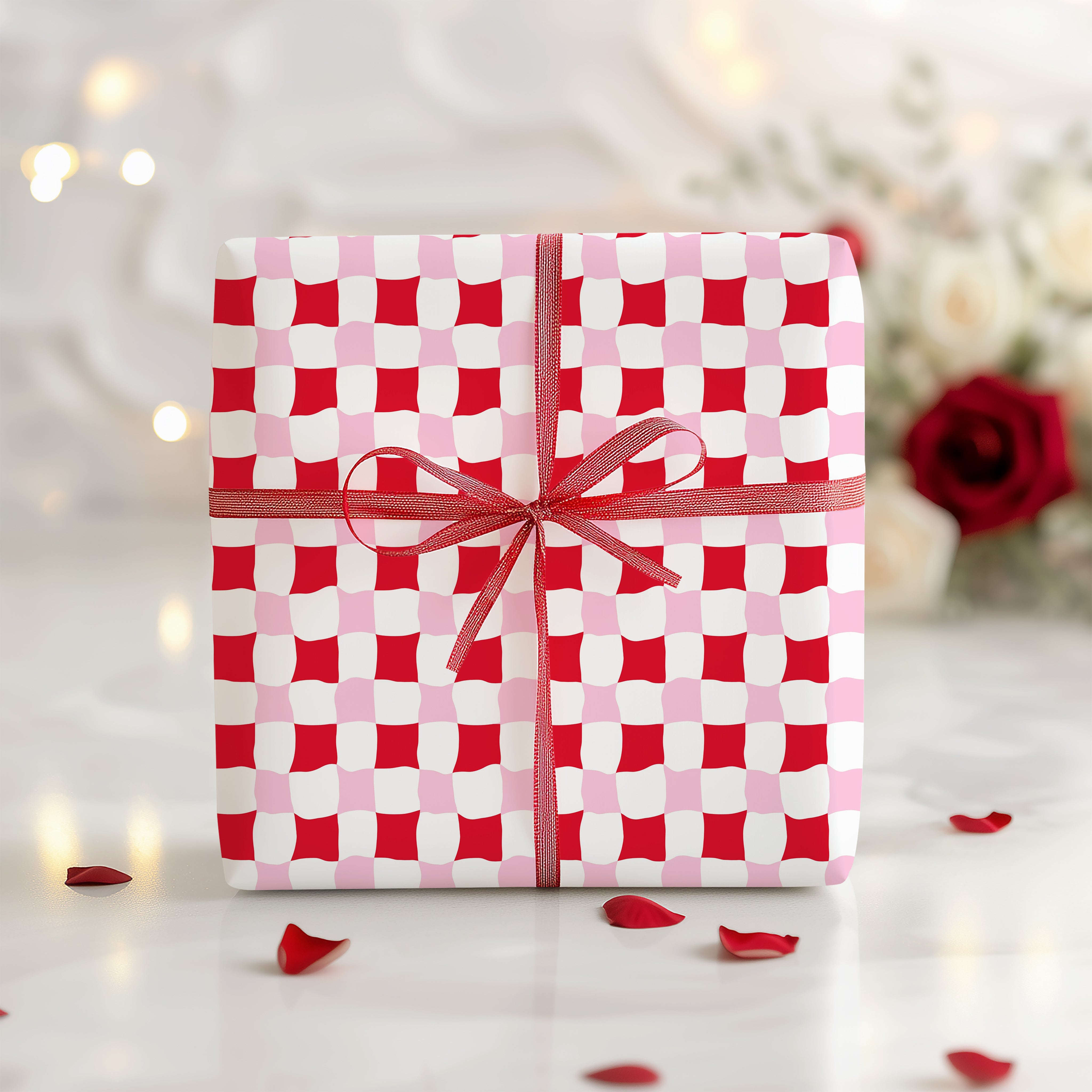 Wavy Checkerboard Wrapping Paper Sheet – Retro Pink and Red Gingham Gift Wrap for Valentine's Day, Red