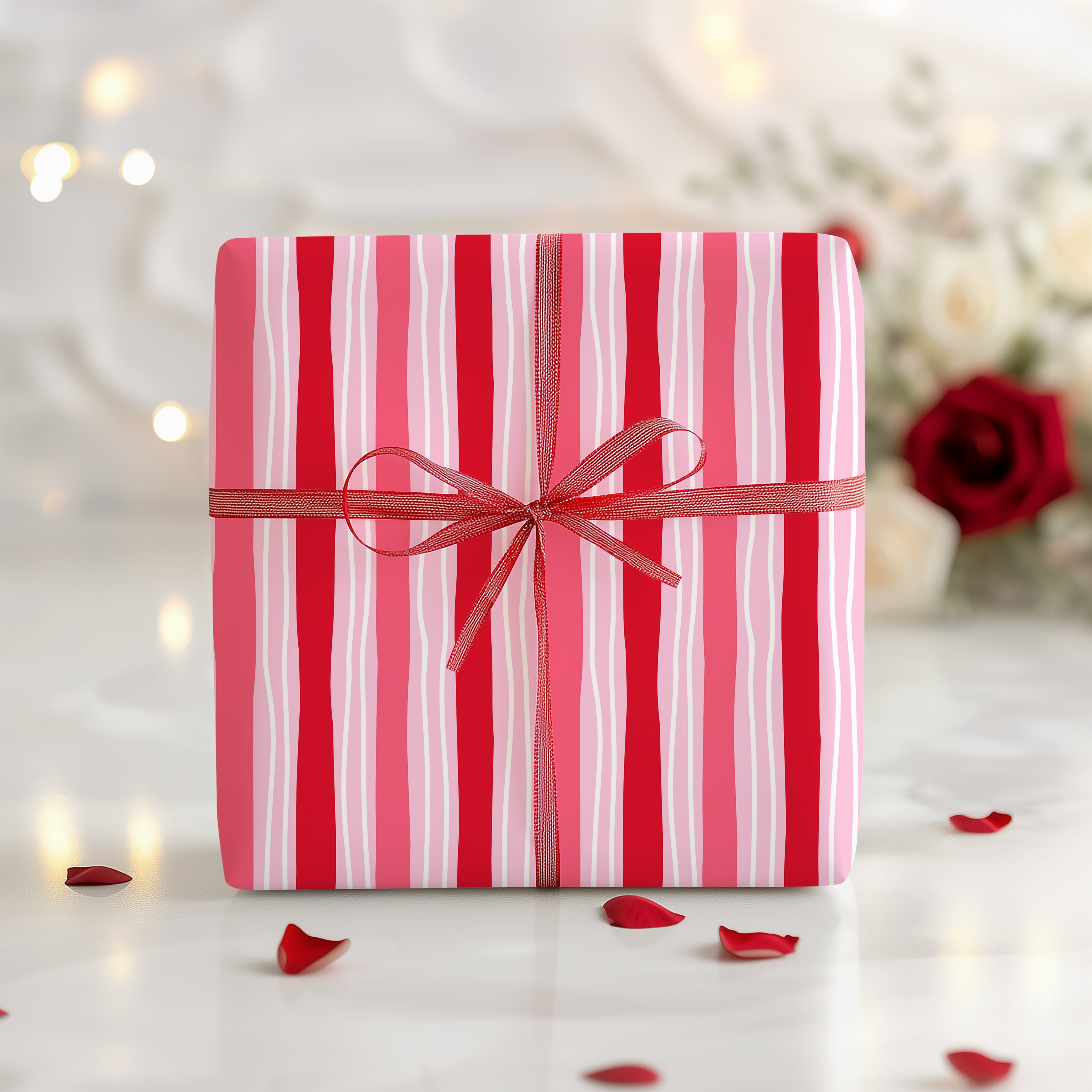 Abstract Vertical Stripe Wrapping Paper Sheet – Modern Red and Pink Patterned Gift Wrap for Valentine's Day, Red