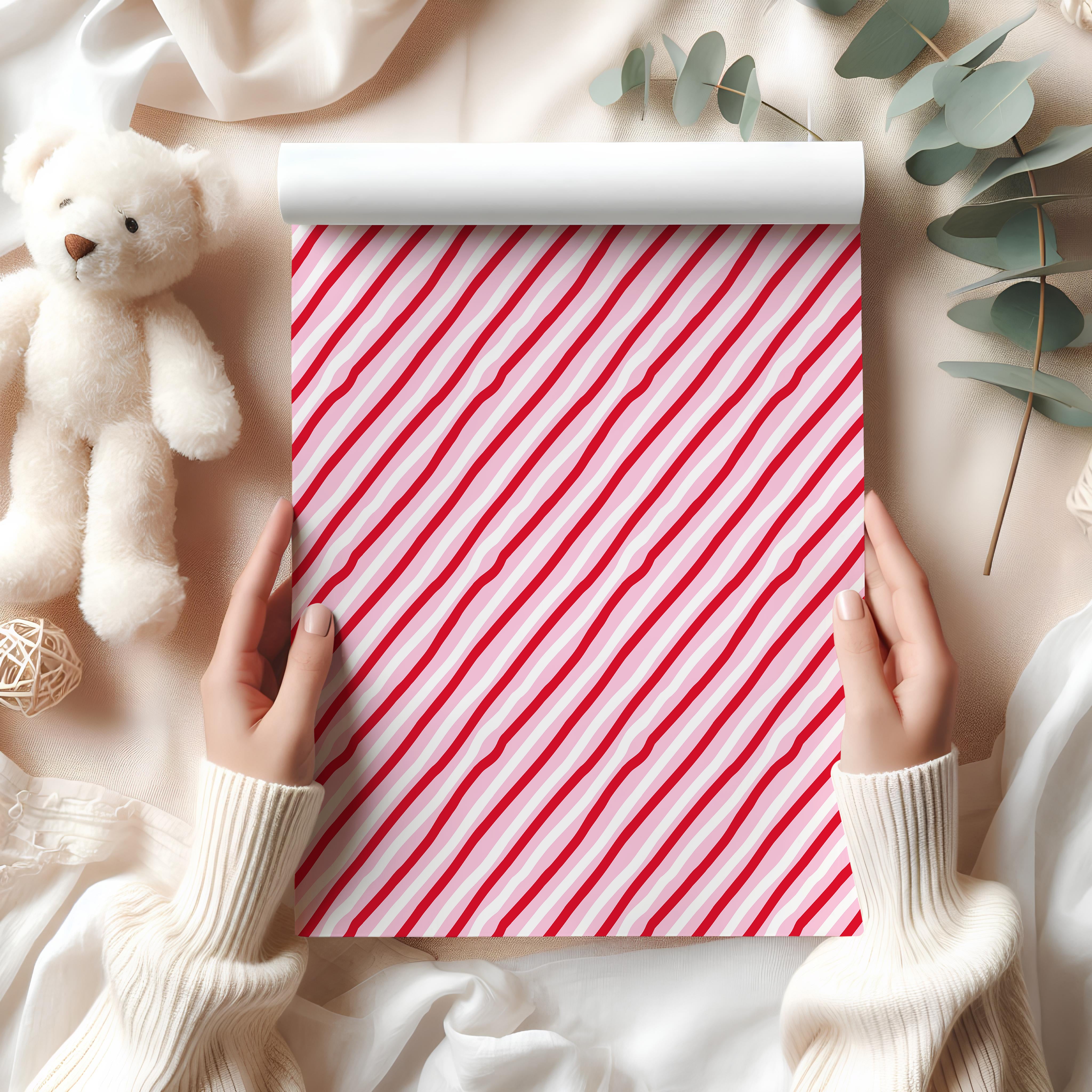 Diagonal Candy Stripe Wrapping Paper Sheet – Classic Pink and Red Festive Gift Wrap for Valentine's Day, Red