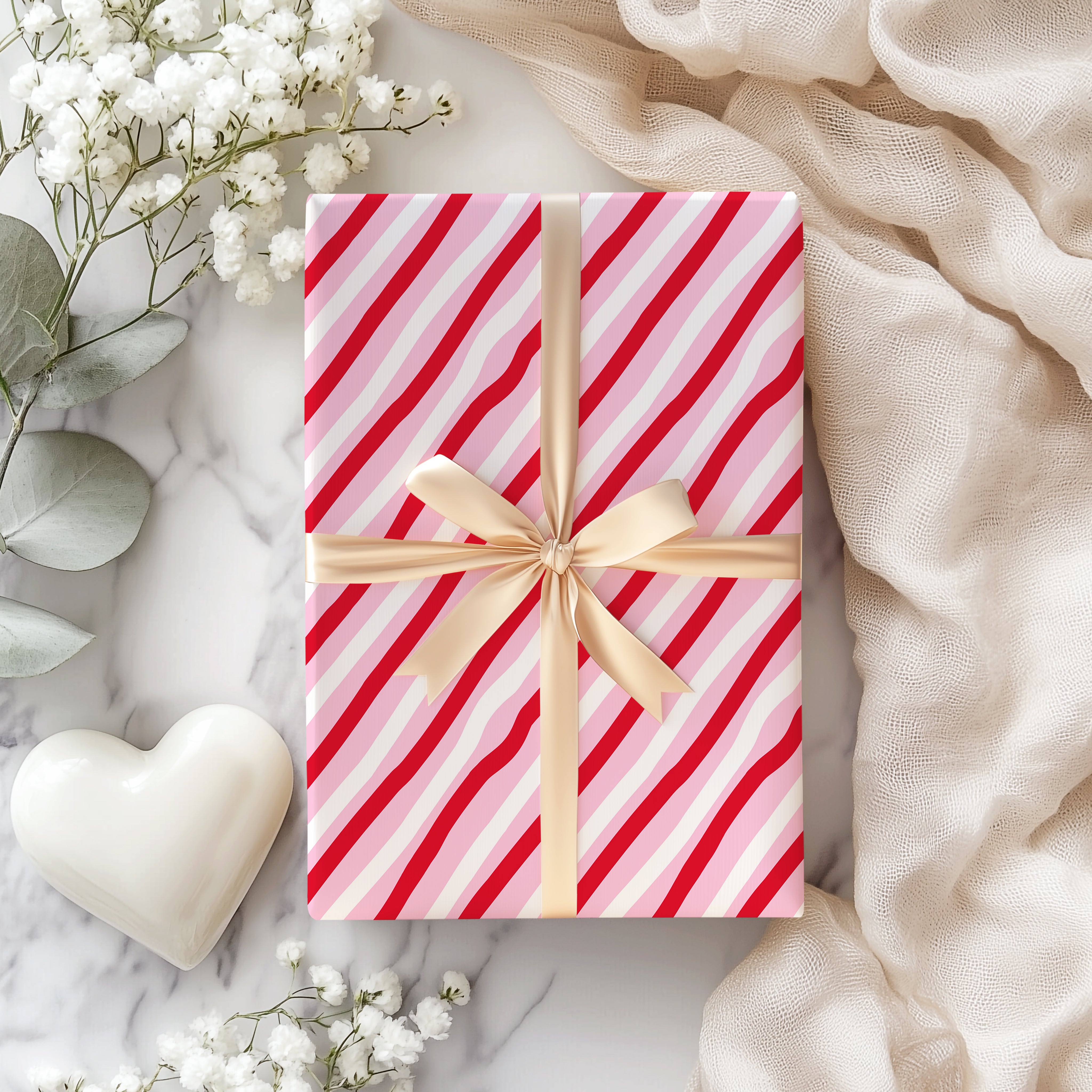 Diagonal Candy Stripe Wrapping Paper Sheet – Classic Pink and Red Festive Gift Wrap for Valentine's Day, Red