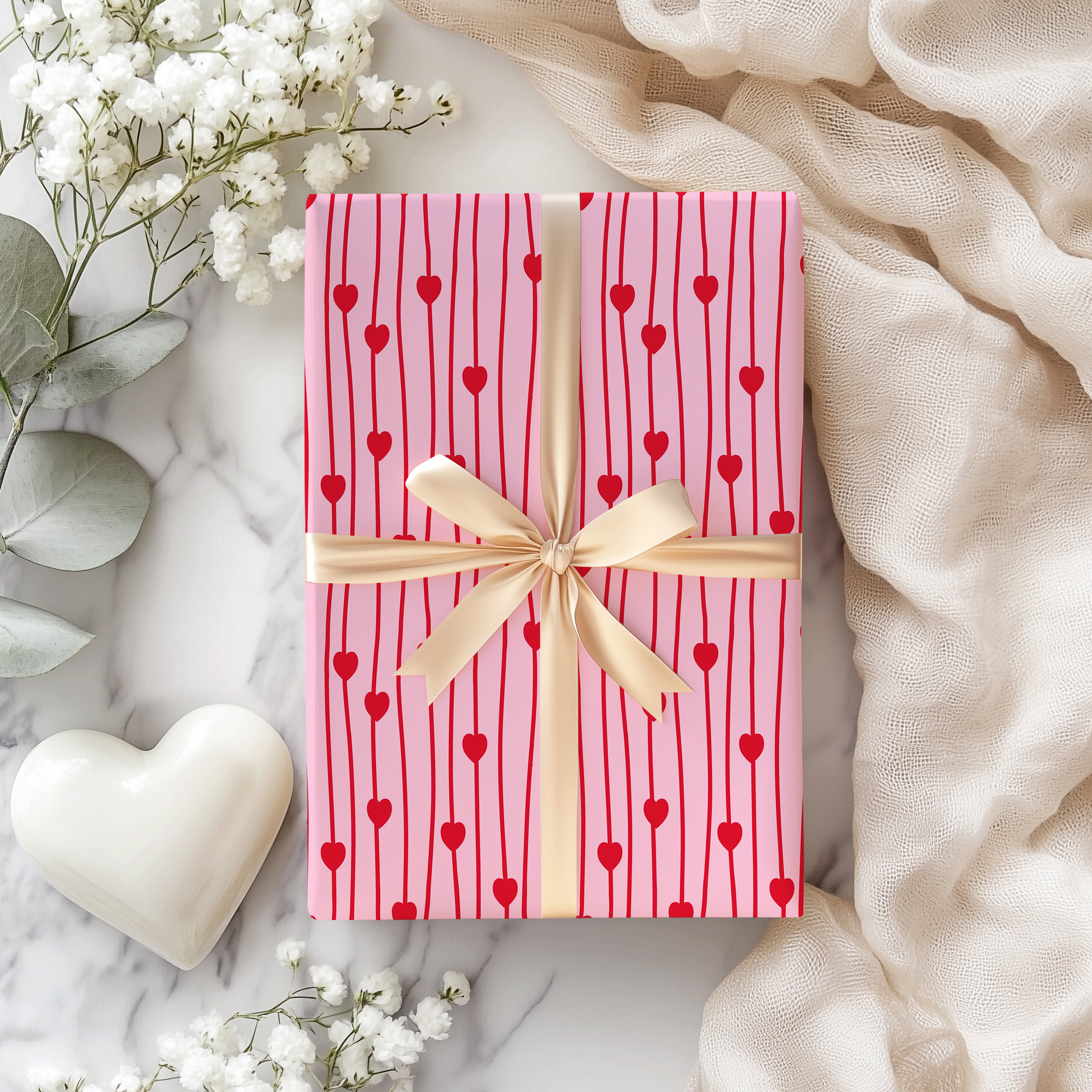 Dainty Hanging Heart Wrapping Paper Sheet – Cute Vertical String Pattern Gift Wrap for Romantic Occasions, Pink