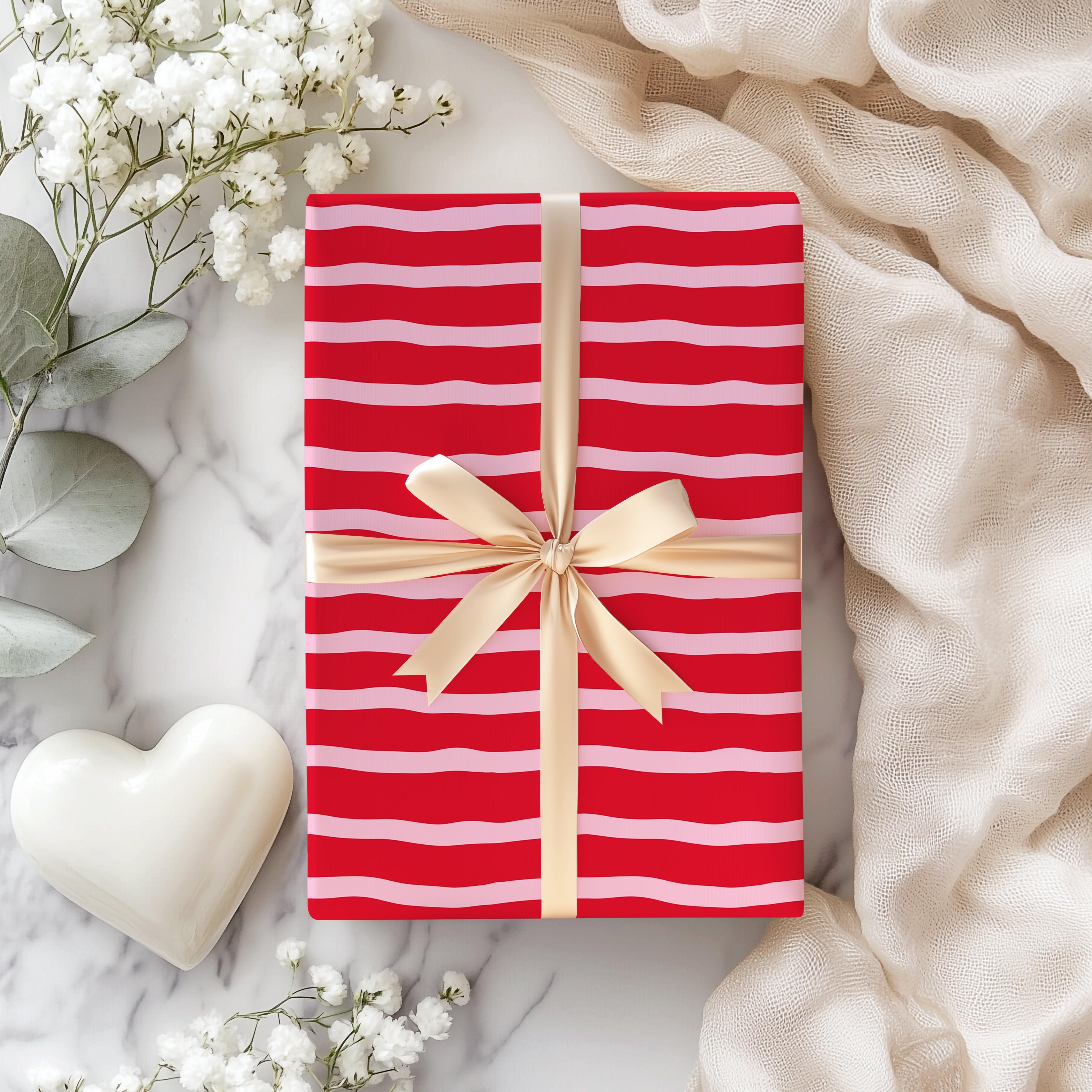 Abstract Horizontal Stripe Wrapping Paper Sheet – Modern Red and Pink Patterned Gift Wrap for Valentine's Day, Red