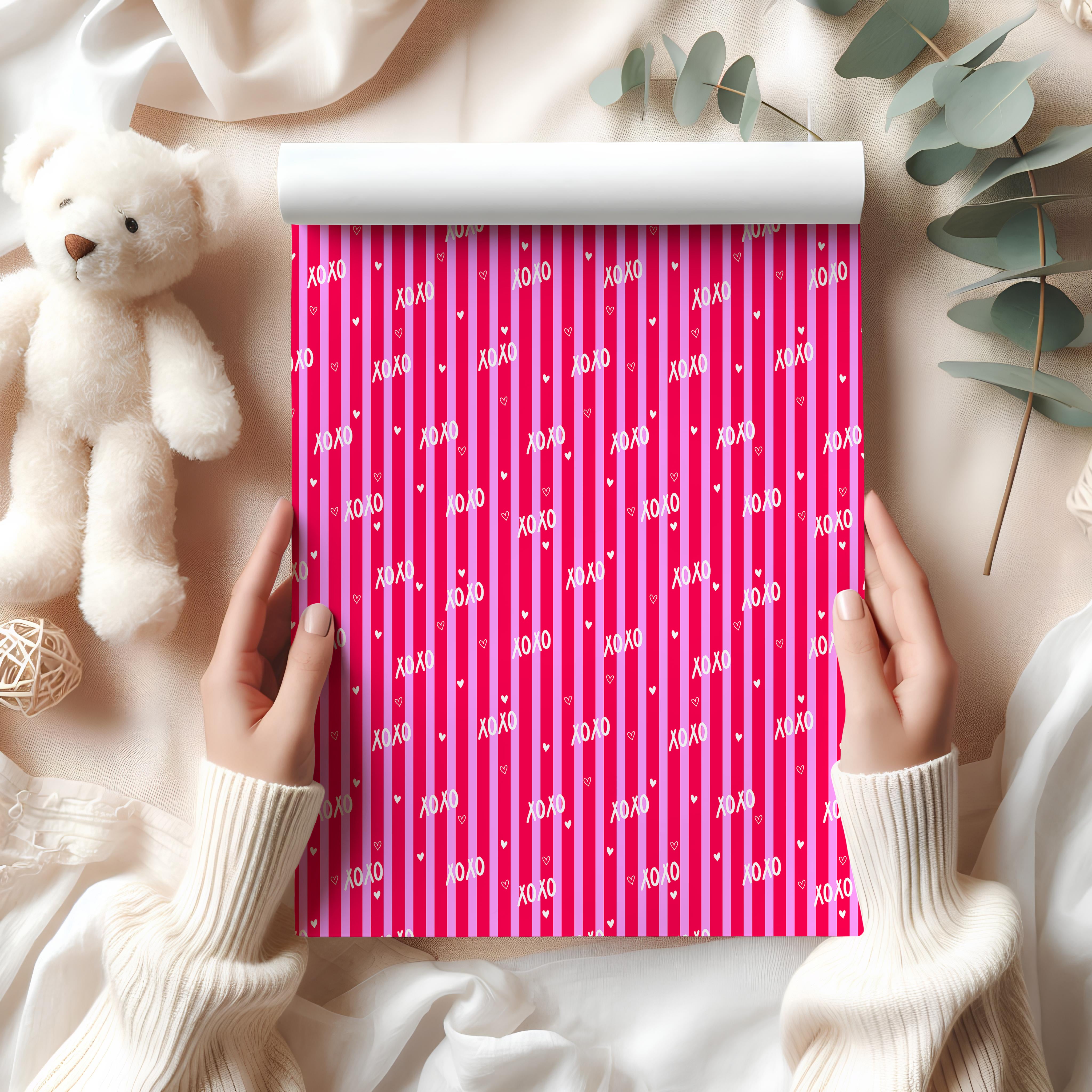 "XOXO" Stripe Wrapping Paper Sheet – Cute Hugs and Kisses Gift Wrap for Valentine’s Day, Pink and Red
