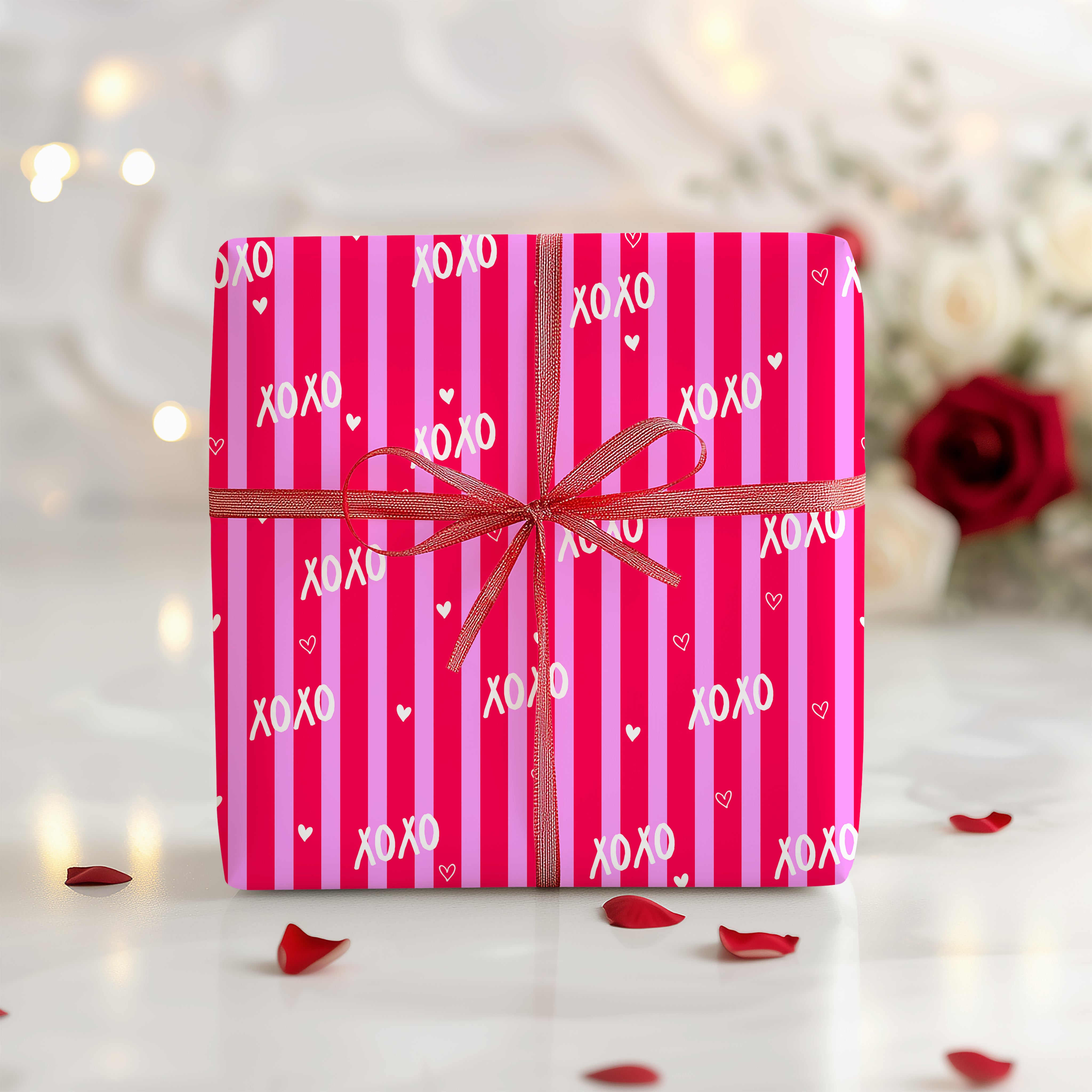 "XOXO" Stripe Wrapping Paper Sheet – Cute Hugs and Kisses Gift Wrap for Valentine’s Day, Pink and Red