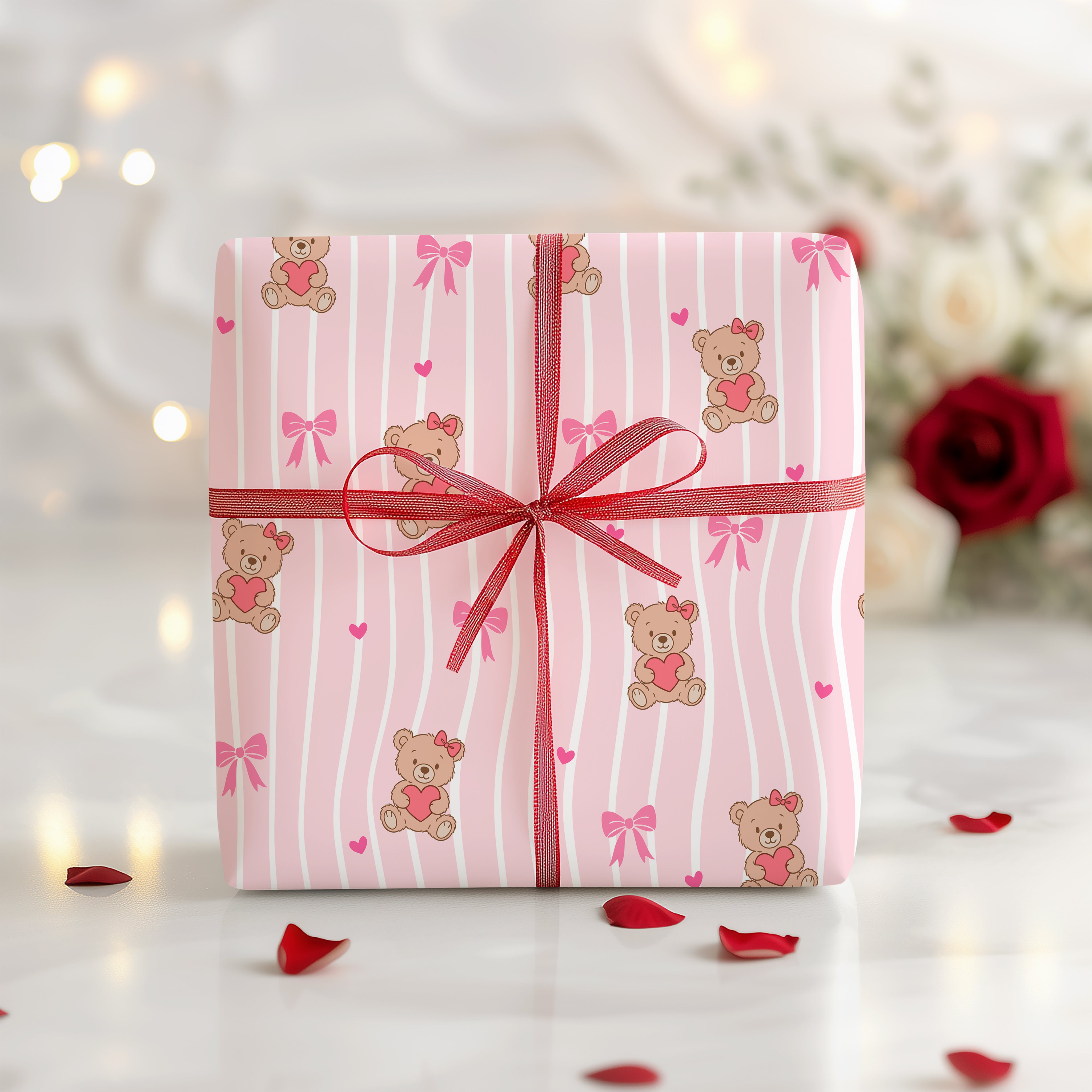Valentine Teddy Bear Wrapping Paper Sheet – Cute Pink Stripe Gift Wrap with Bows for Kids or Loved Ones, Pink