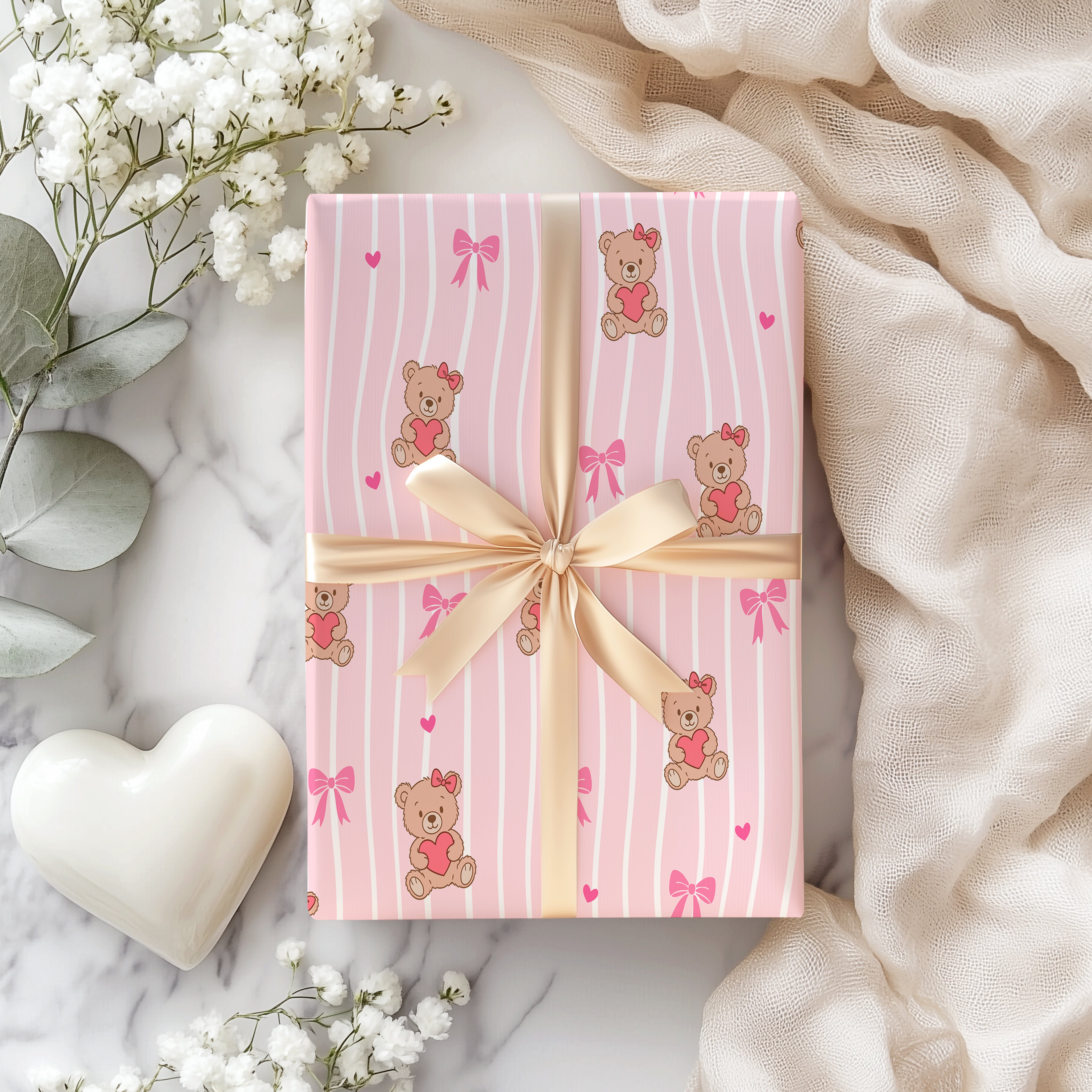 Valentine Teddy Bear Wrapping Paper Sheet – Cute Pink Stripe Gift Wrap with Bows for Kids or Loved Ones, Pink