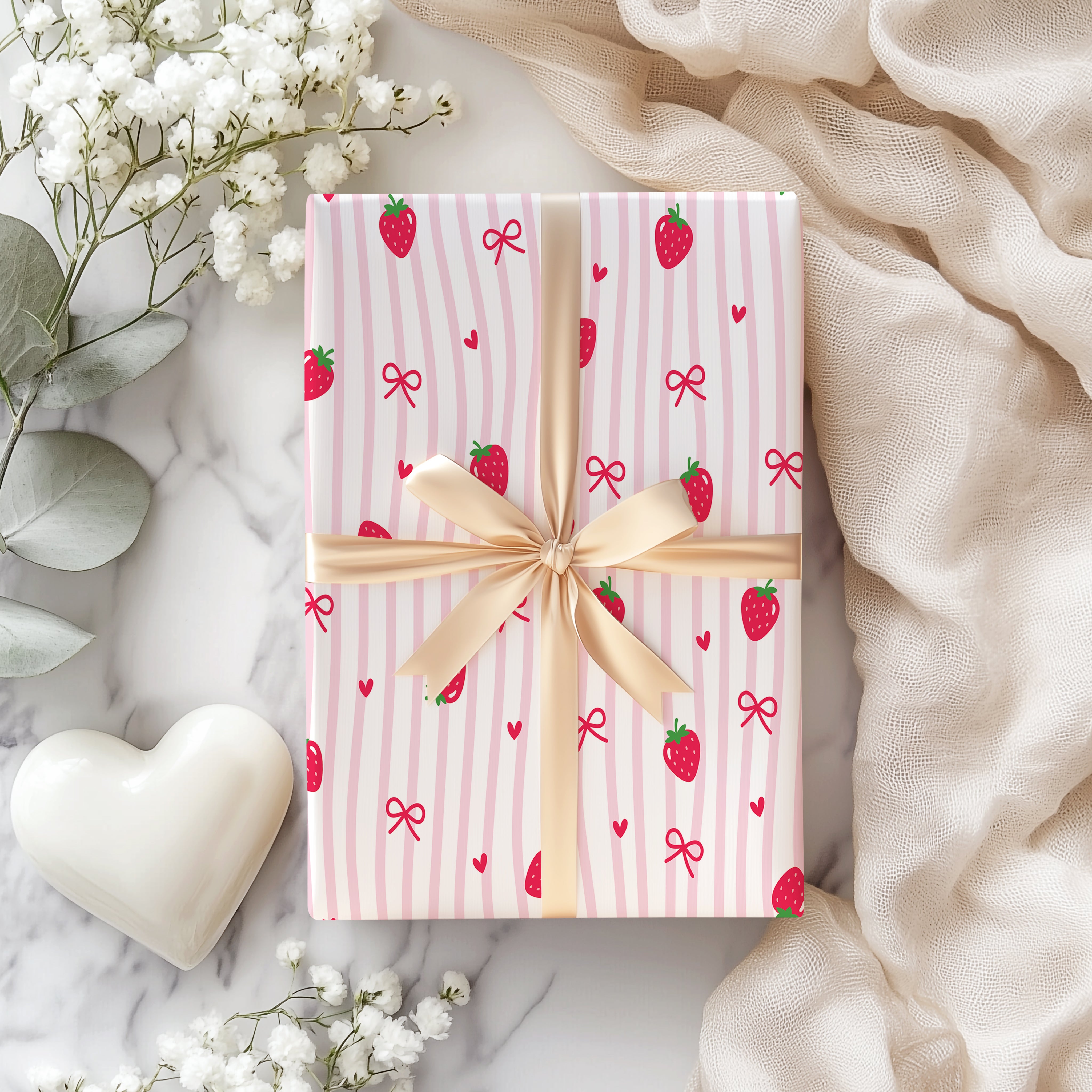 Sweet Strawberry Stripe Wrapping Paper Sheet – Cute Pink Vertical Pattern Gift Wrap with Bows and Hearts, Pink
