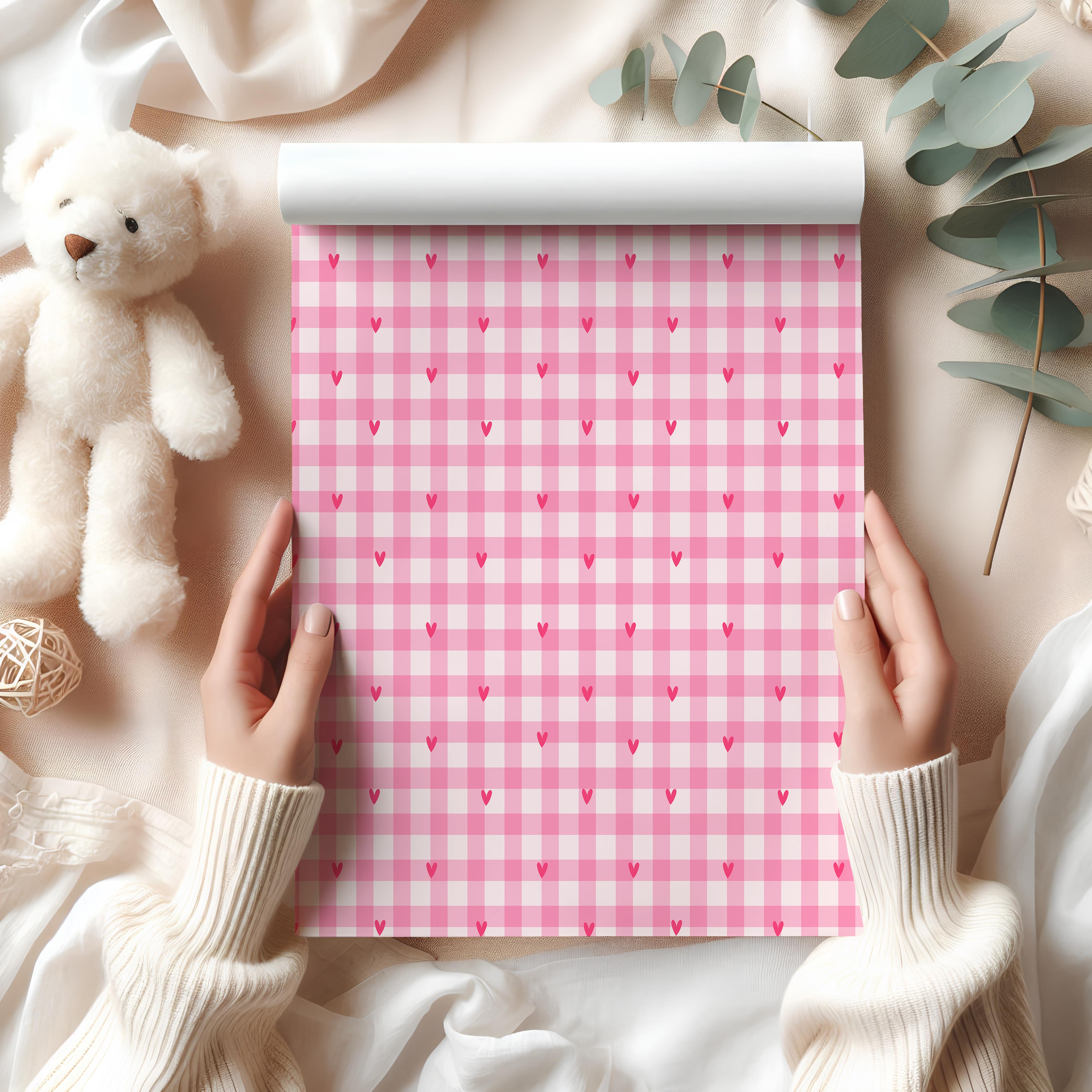Heart and Gingham Wrapping Paper Sheet – Cute Pink Checkered Pattern Gift Wrap with Tiny Hearts, Pink