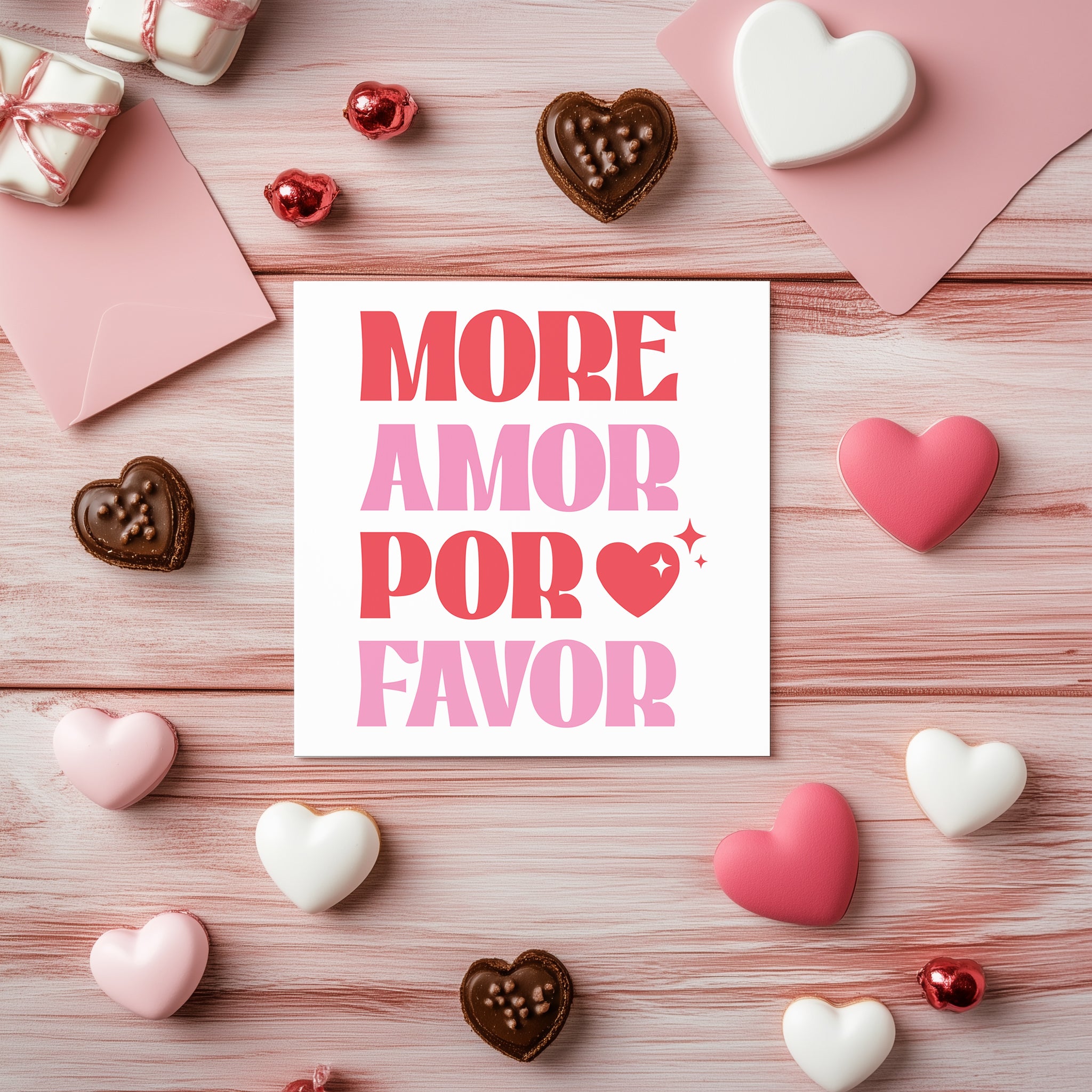More Amor Por Favor Card - Retro Pink & Red Valentine's Day Card