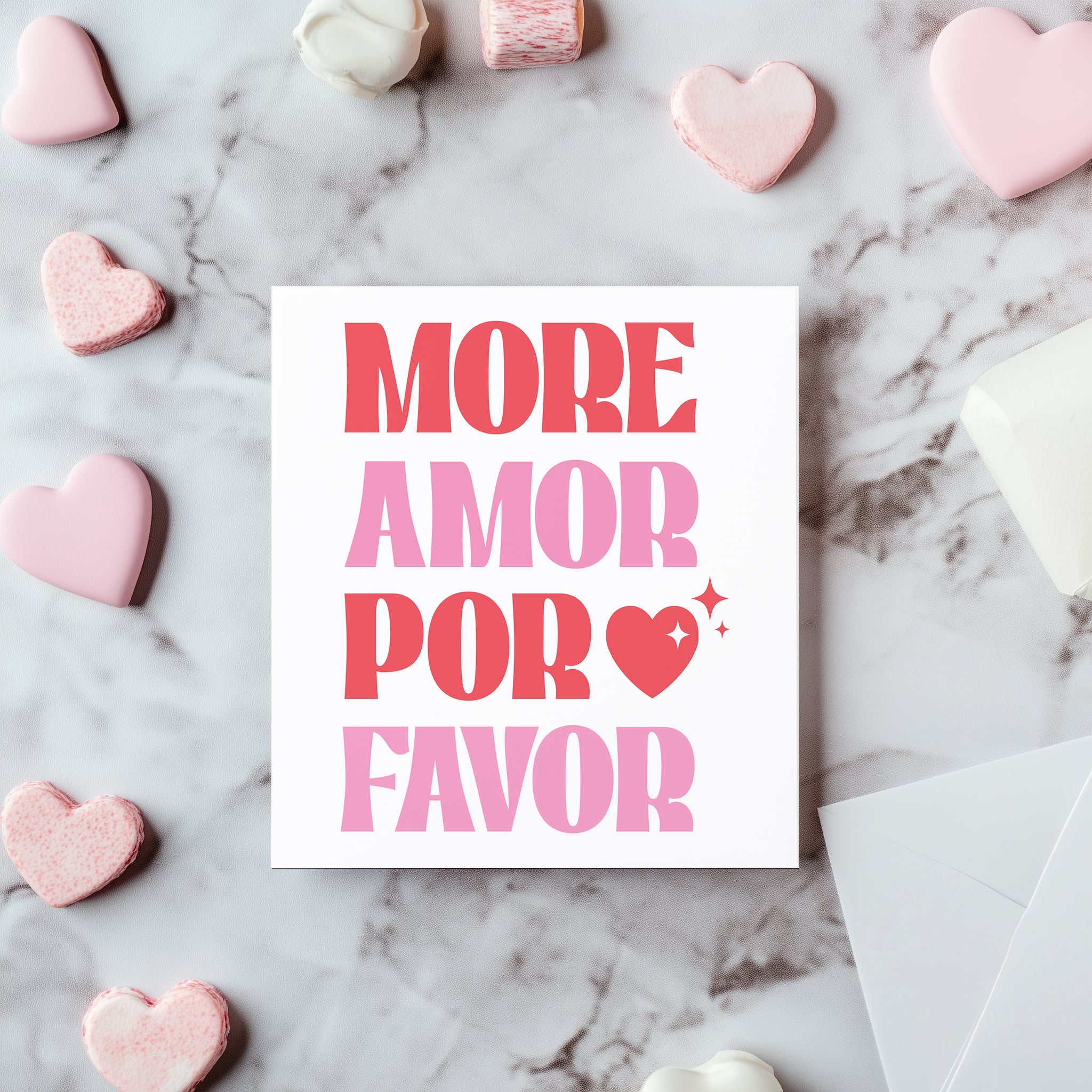 More Amor Por Favor Card - Retro Pink & Red Valentine's Day Card