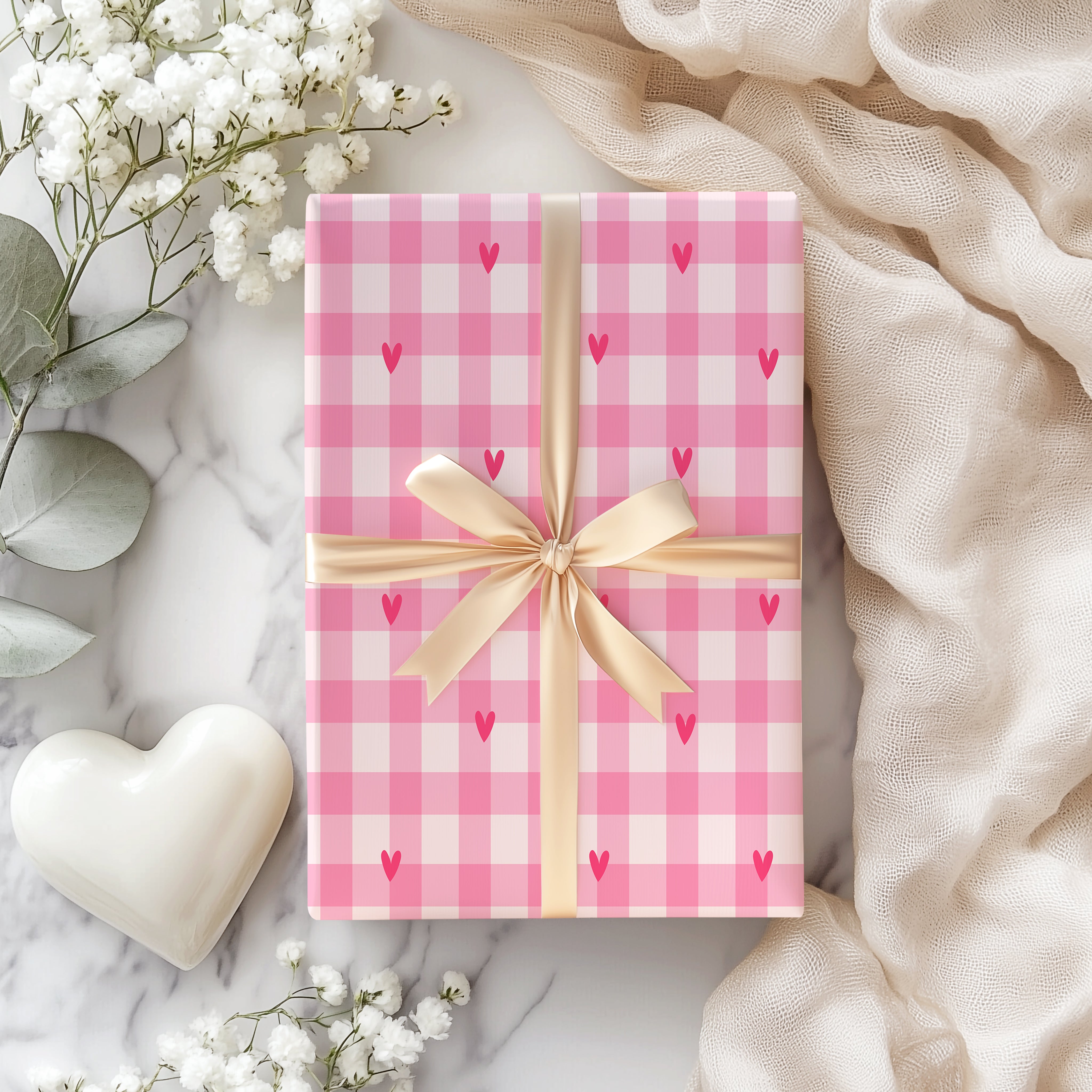 Heart and Gingham Wrapping Paper Sheet – Cute Pink Checkered Pattern Gift Wrap with Tiny Hearts, Pink