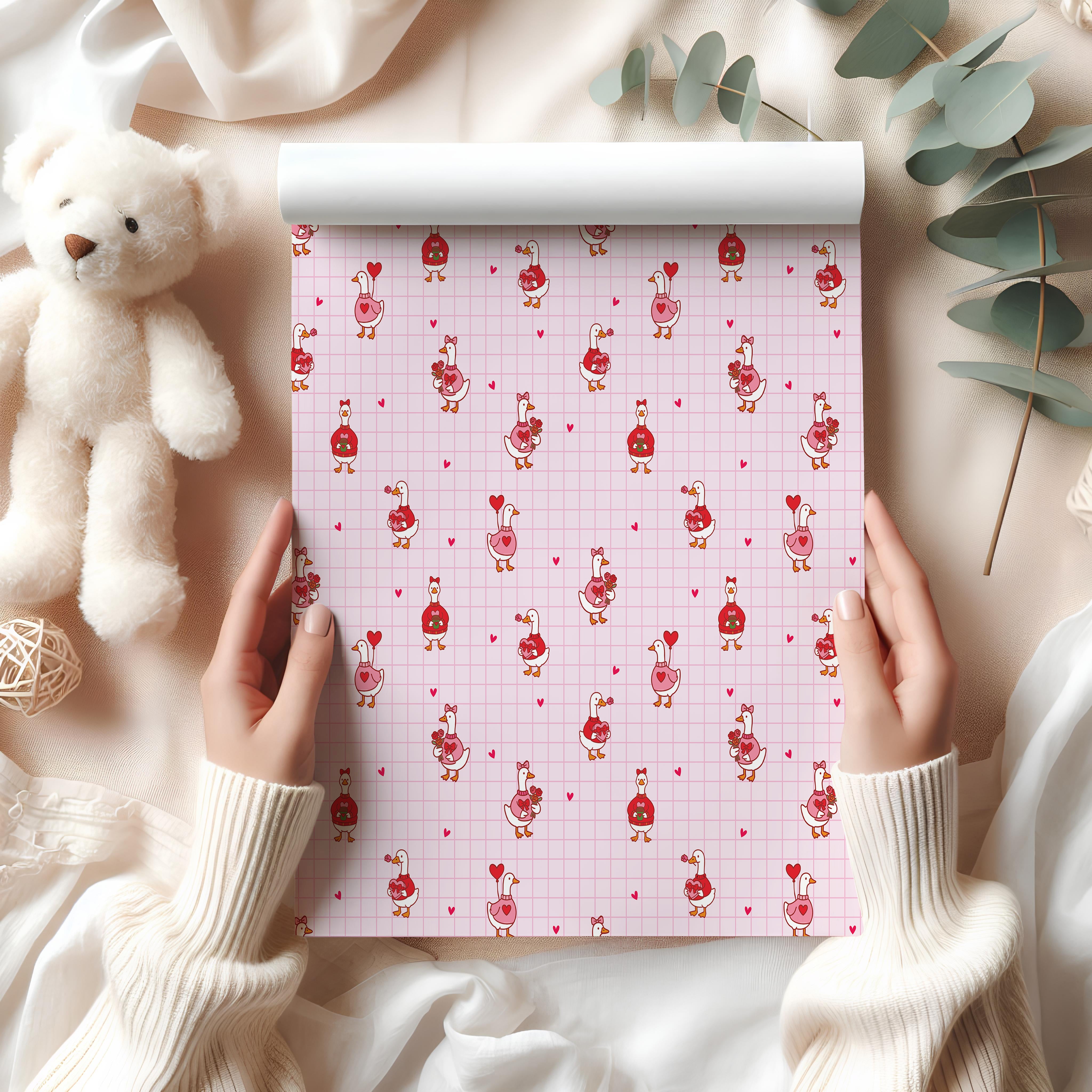 Valentine Goose Wrapping Paper Sheet – Cute Pink Checkered Gift Wrap with Hearts and Flowers, Pink