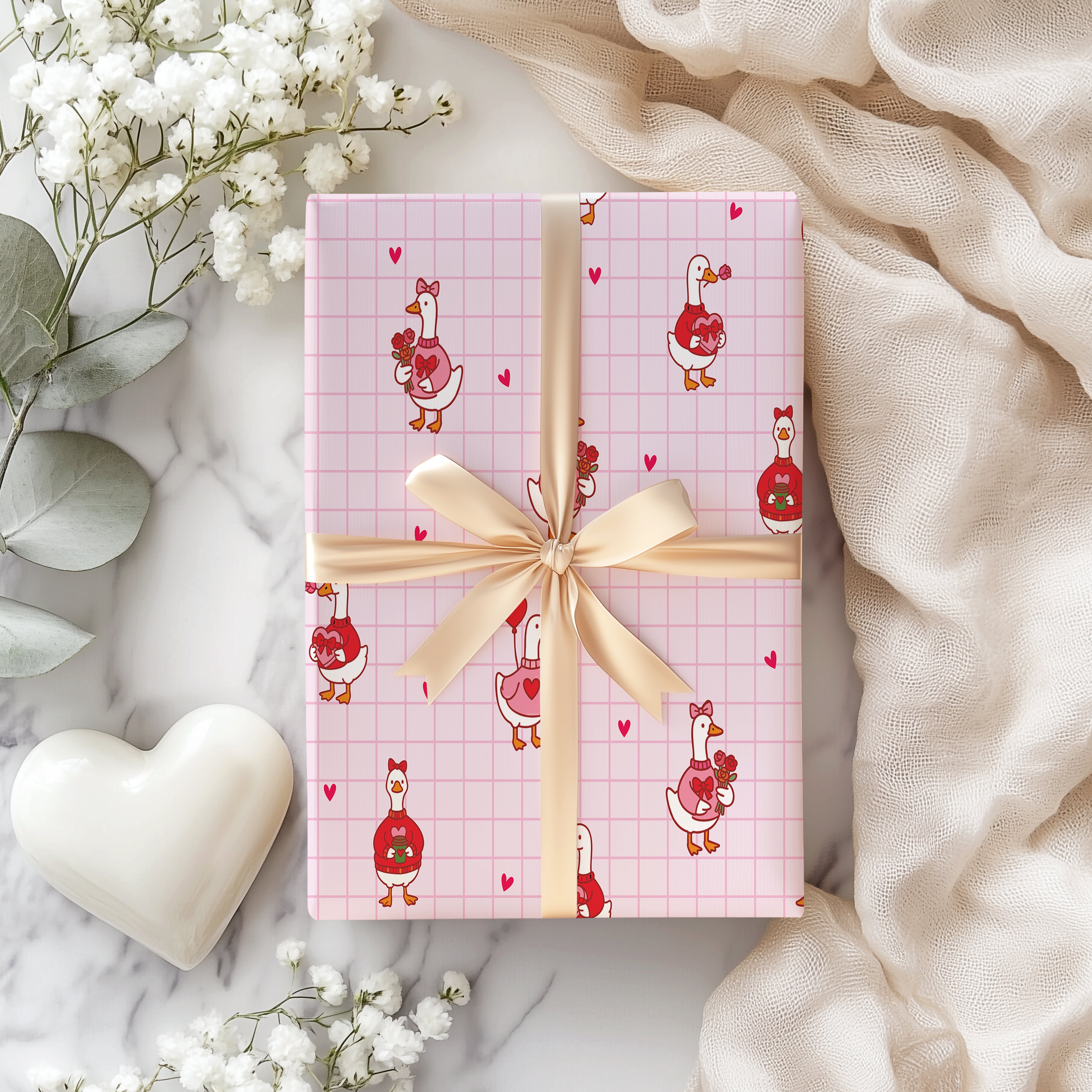 Valentine Goose Wrapping Paper Sheet – Cute Pink Checkered Gift Wrap with Hearts and Flowers, Pink