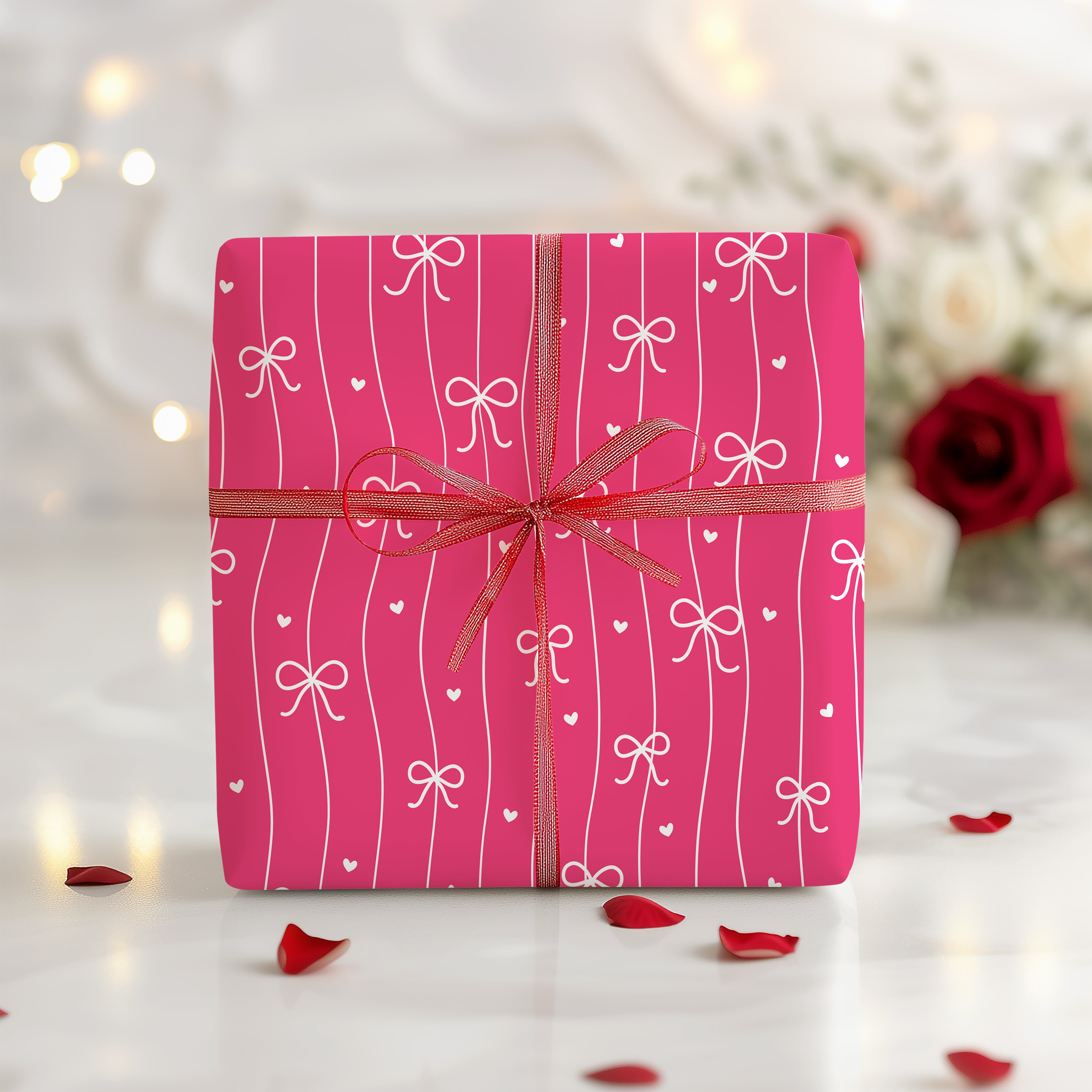 Dainty Bow and Heart Wrapping Paper Sheet – Cute Vertical String Pattern Gift Wrap for Romantic Occasions, Hot Pink