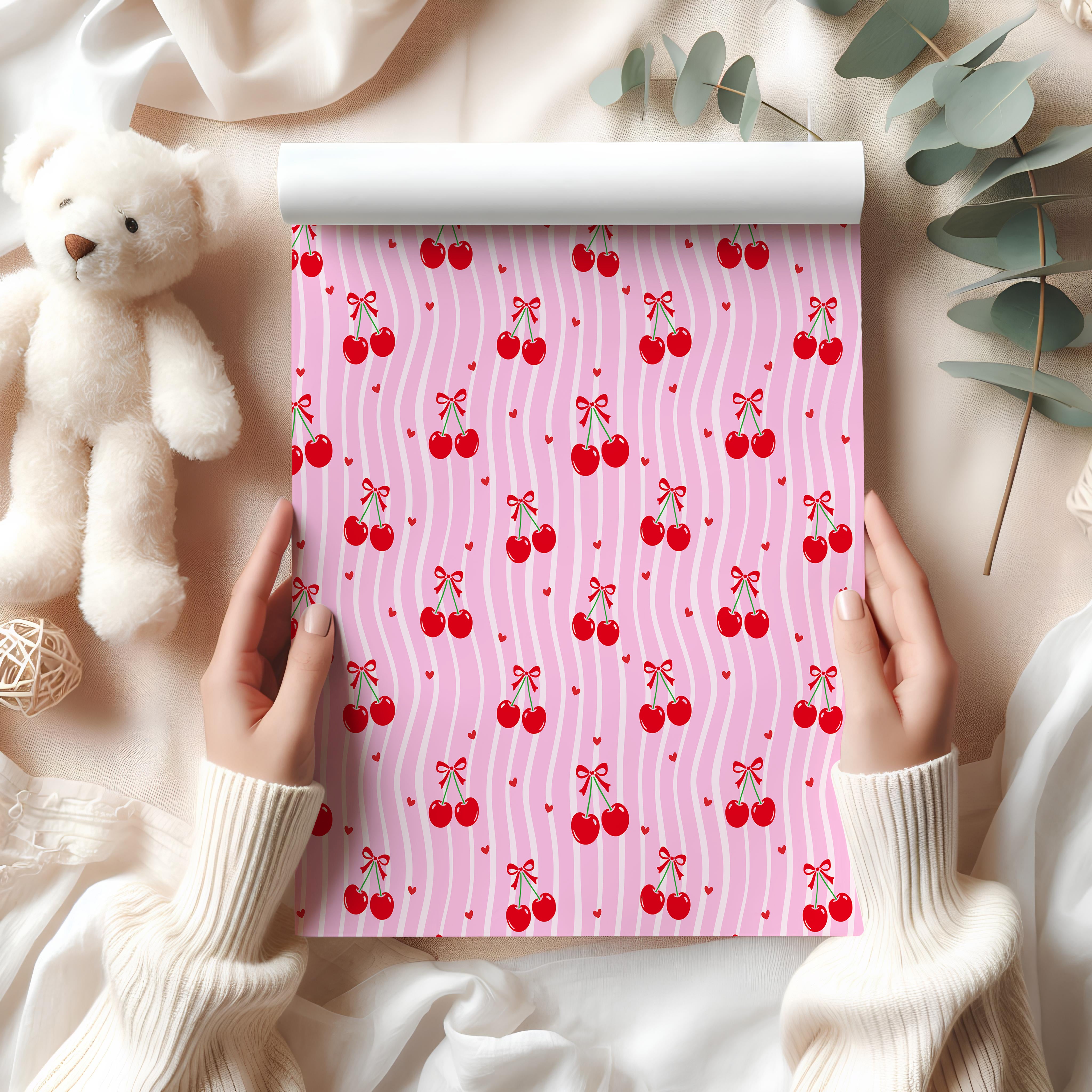 Sweet Cherry Stripe Wrapping Paper Sheet – Cute Pink Wavy Pattern Gift Wrap with Bows and Hearts, Pink