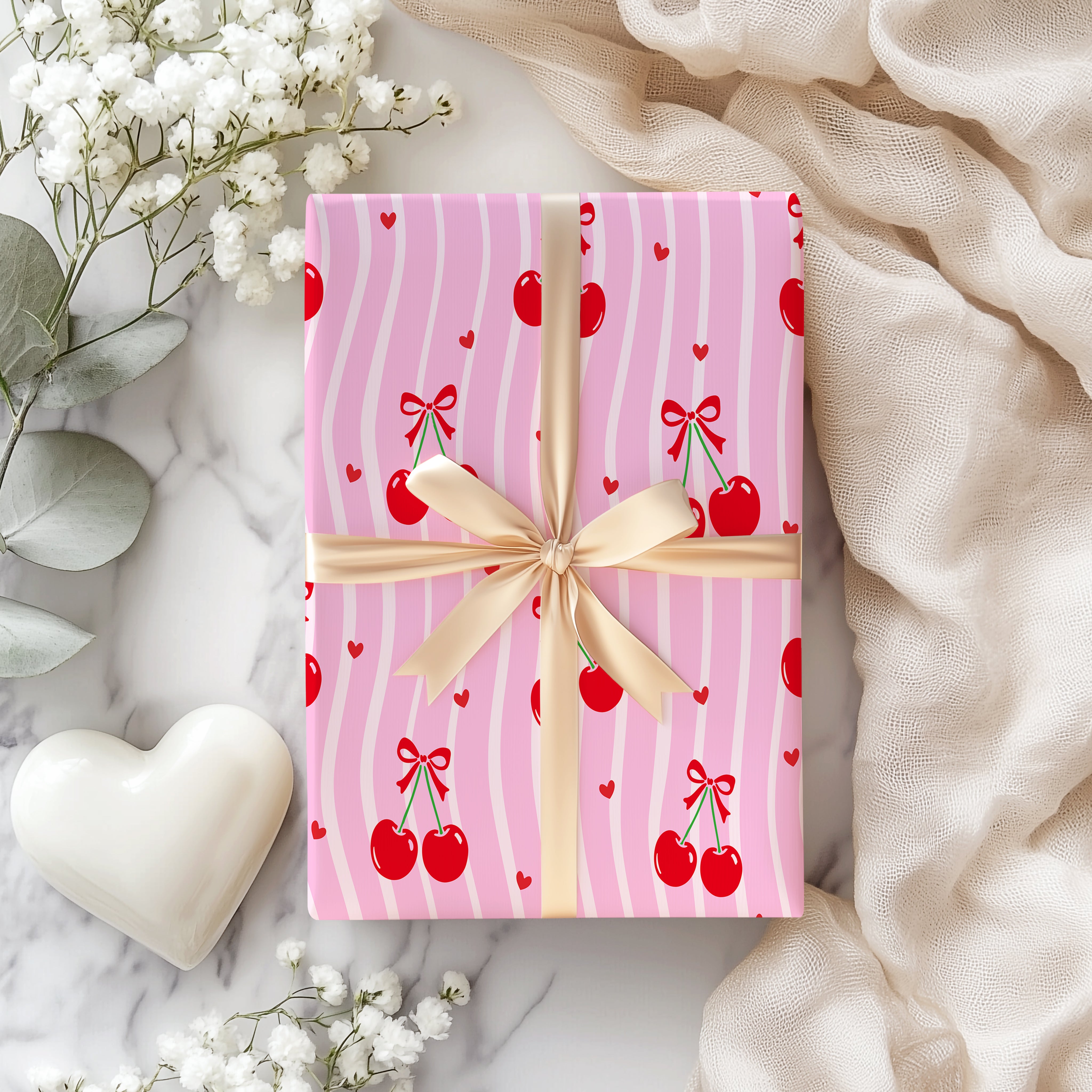 Sweet Cherry Stripe Wrapping Paper Sheet – Cute Pink Wavy Pattern Gift Wrap with Bows and Hearts, Pink