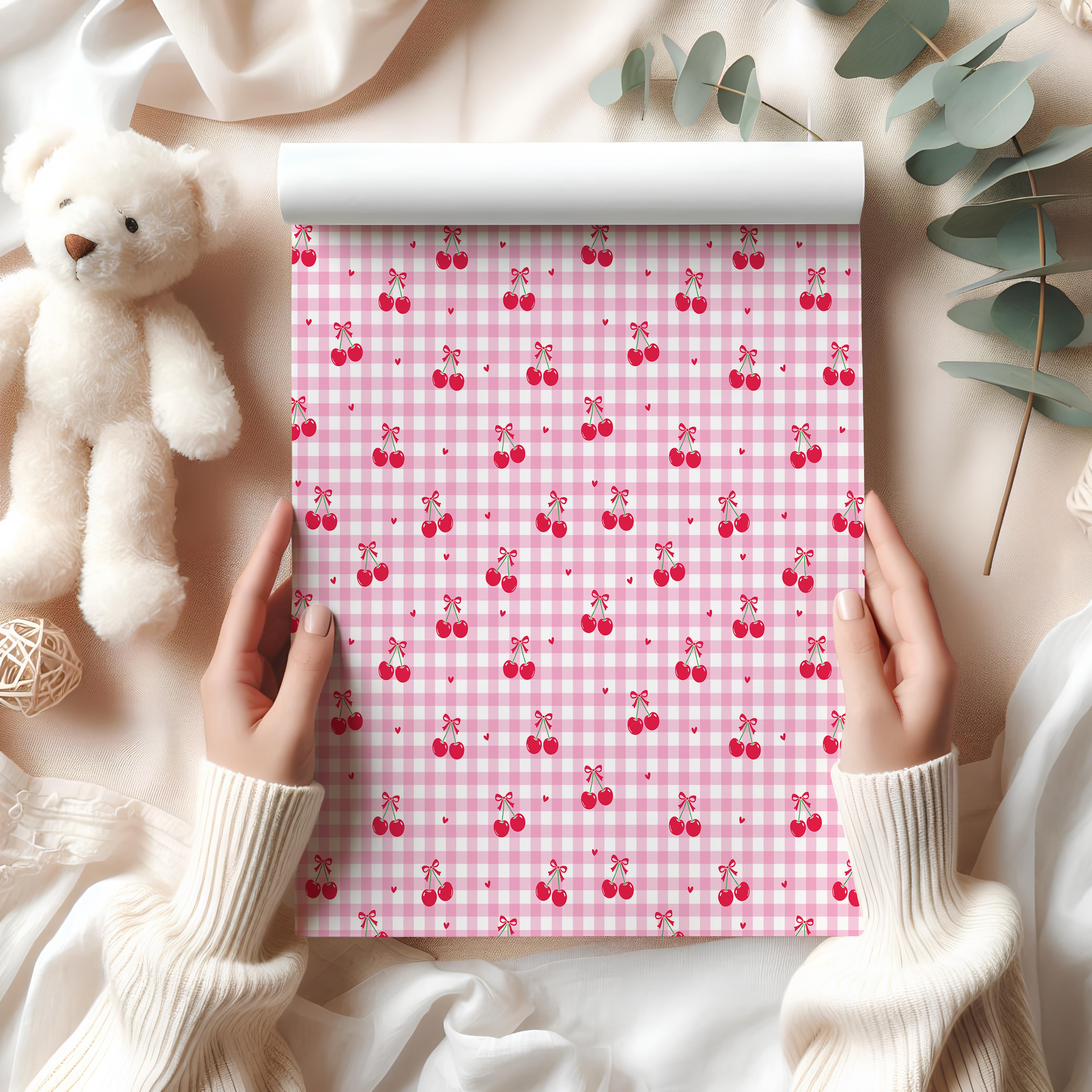 Sweet Cherry Gingham Wrapping Paper Sheet – Cute Pink Checkered Gift Wrap with Bows and Hearts, Pink