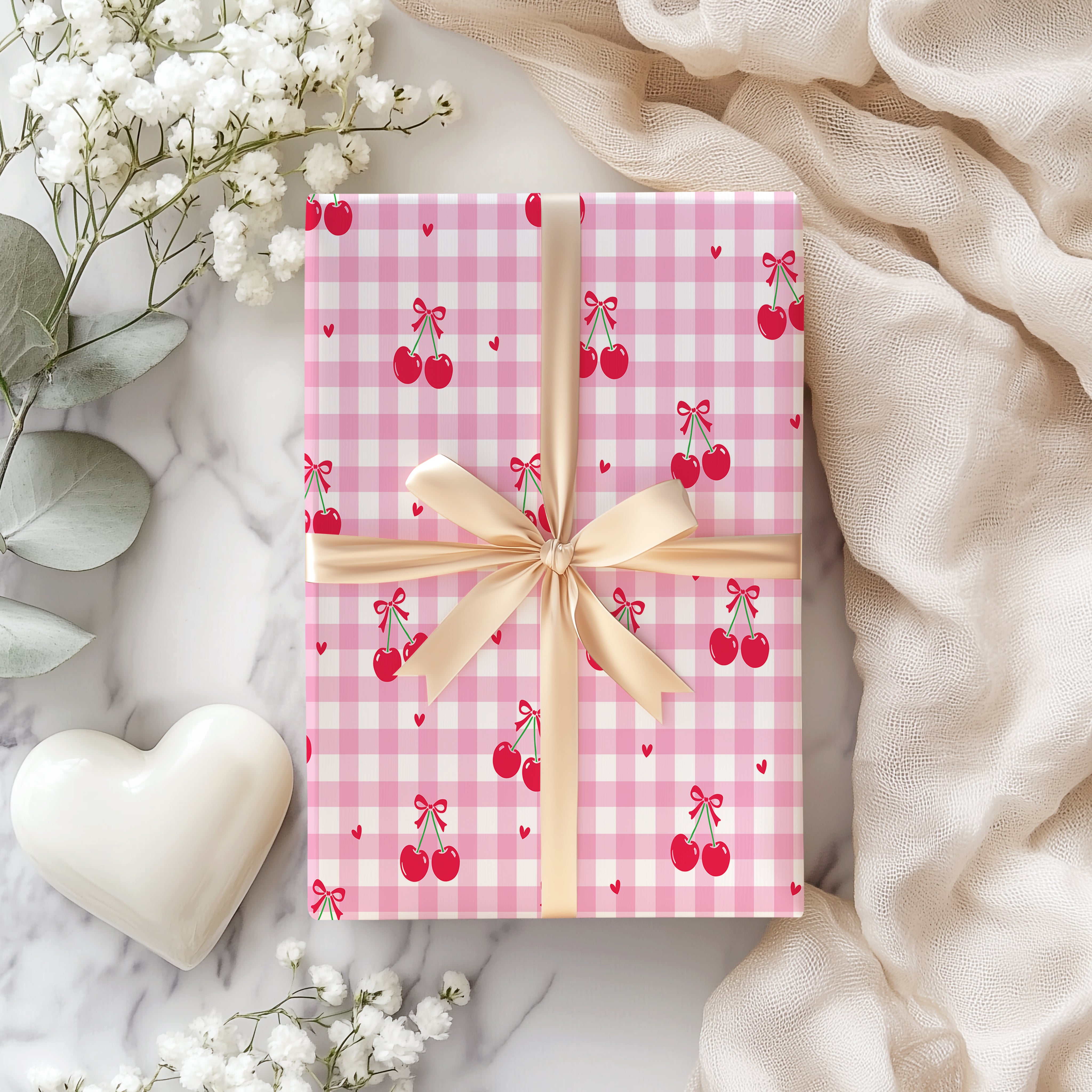 Sweet Cherry Gingham Wrapping Paper Sheet – Cute Pink Checkered Gift Wrap with Bows and Hearts, Pink