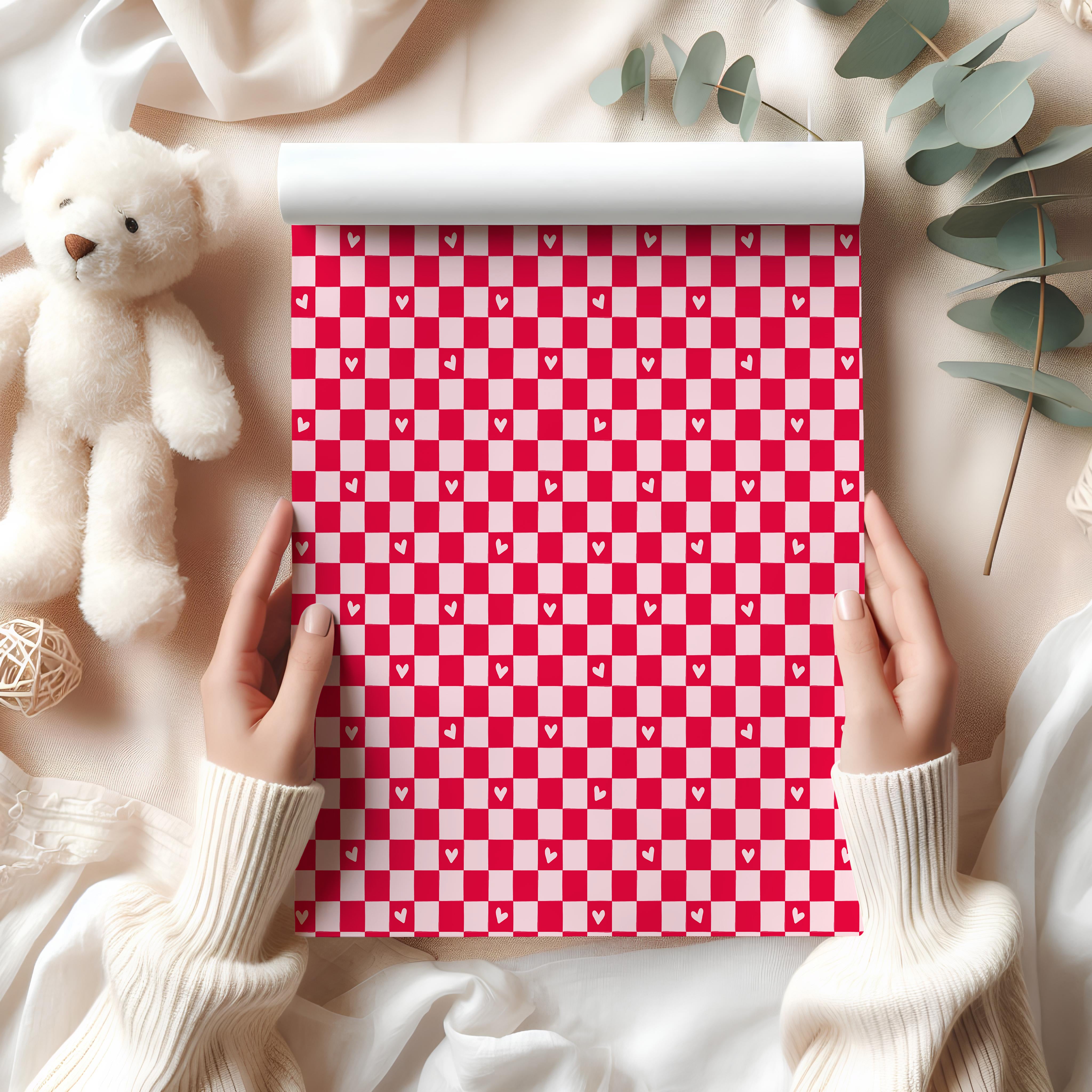 Heart and Gingham Wrapping Paper Sheet – Cute Red and Pink Checkered Pattern Gift Wrap with Tiny Hearts, Red