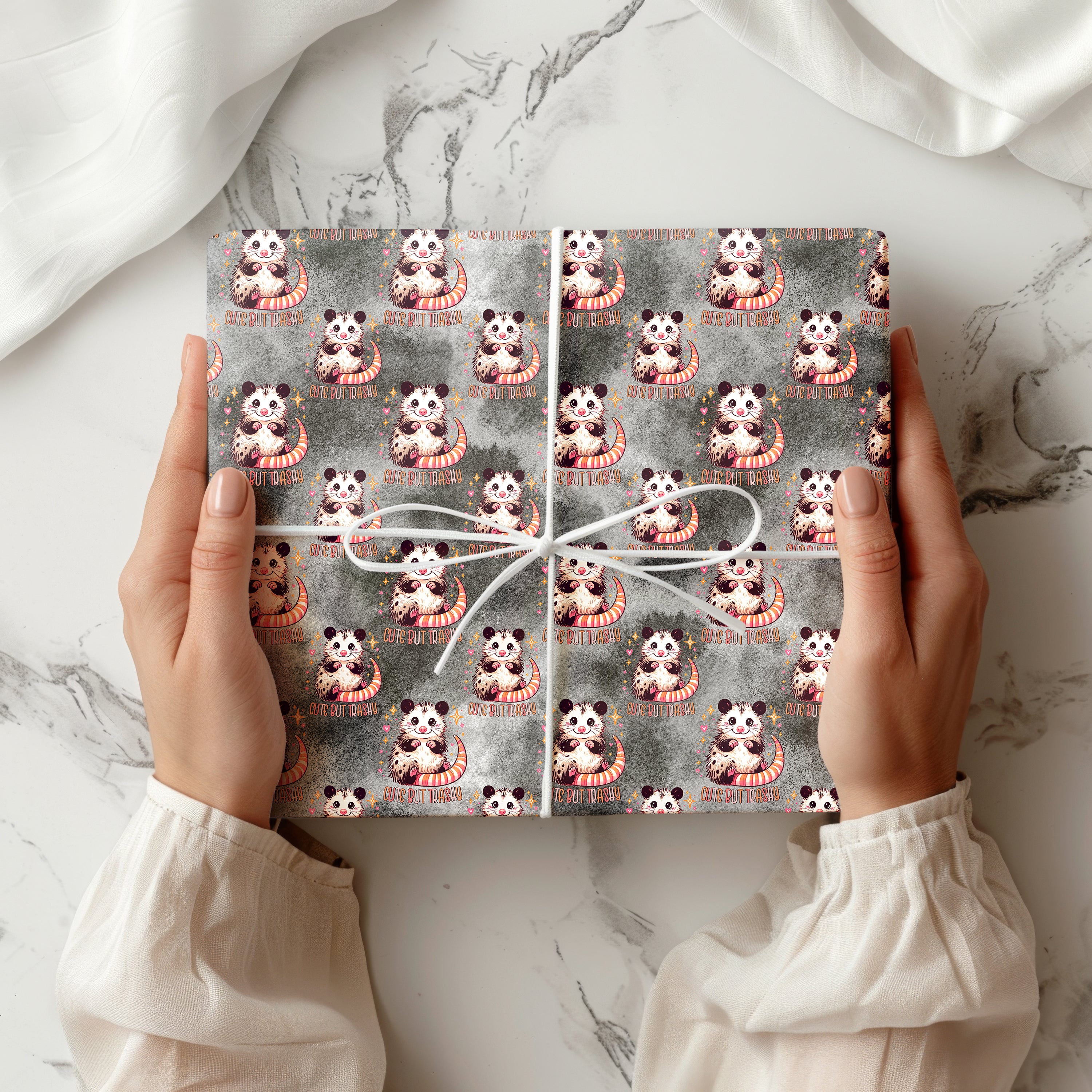 "Cute But Trashy" Opossum Wrapping Paper Sheet – Funny Possum Pattern Gift Wrap for Birthdays and Quirky Occasions, Grey