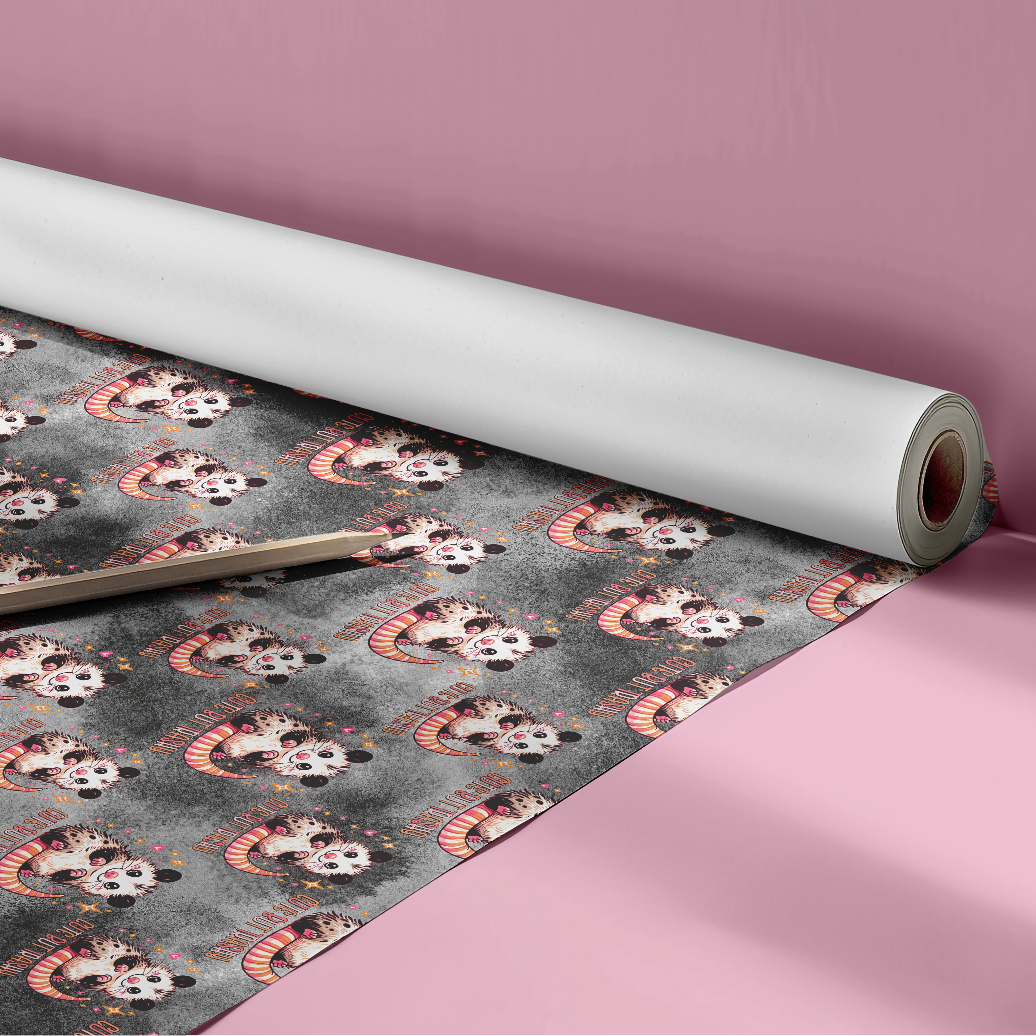 "Cute But Trashy" Opossum Wrapping Paper Sheet – Funny Possum Pattern Gift Wrap for Birthdays and Quirky Occasions, Grey