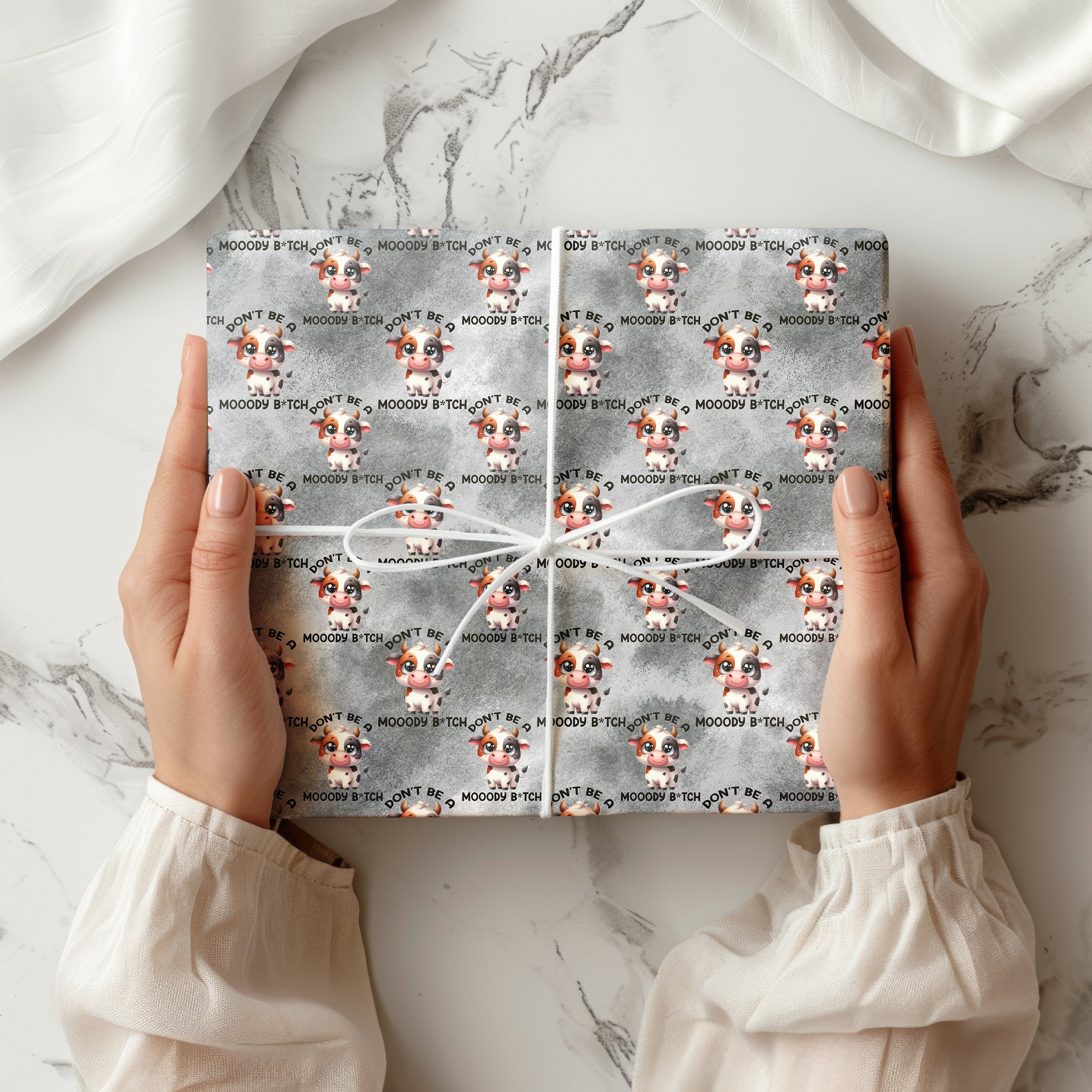 "Don't Be A Moody B*tch" Cow Wrapping Paper Sheet – Funny Novelty Pattern Gift Wrap for Birthdays and Best Friends, Grey