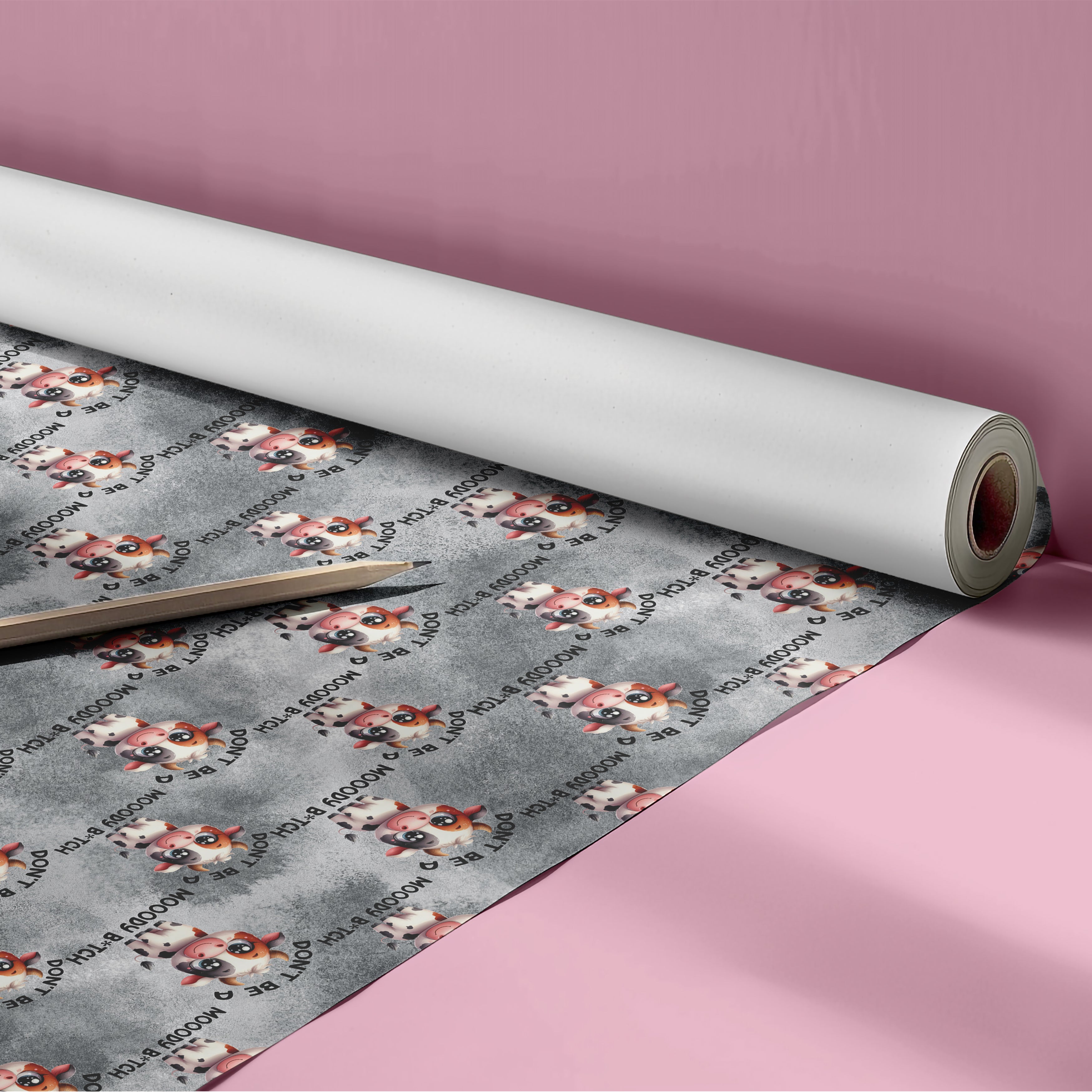 "Don't Be A Moody B*tch" Cow Wrapping Paper Sheet – Funny Novelty Pattern Gift Wrap for Birthdays and Best Friends, Grey