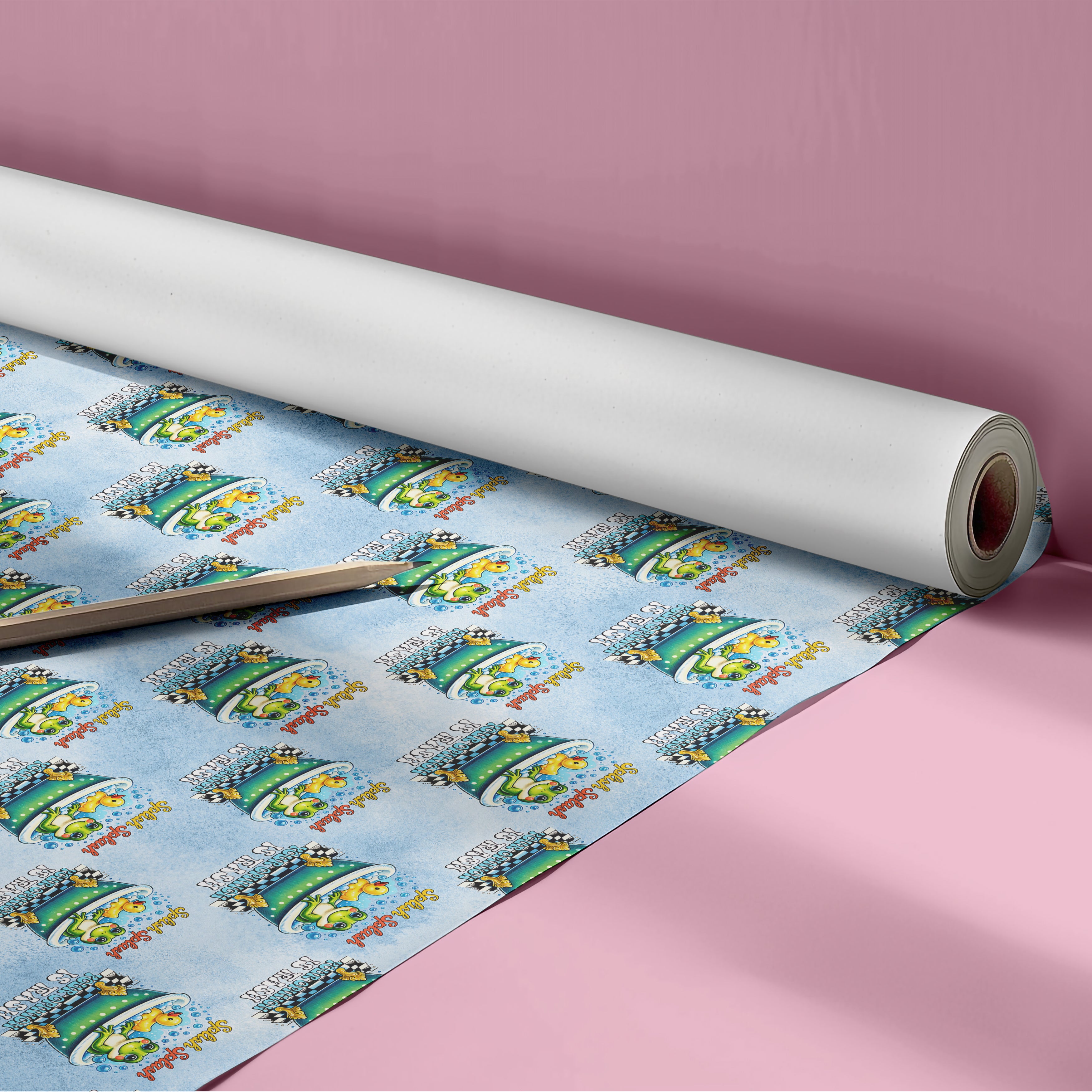 "Splish Splash" Frog in Bathtub Wrapping Paper Sheet – Cute Novelty Bathroom Pattern Gift Wrap for Birthdays and Kids, Blue