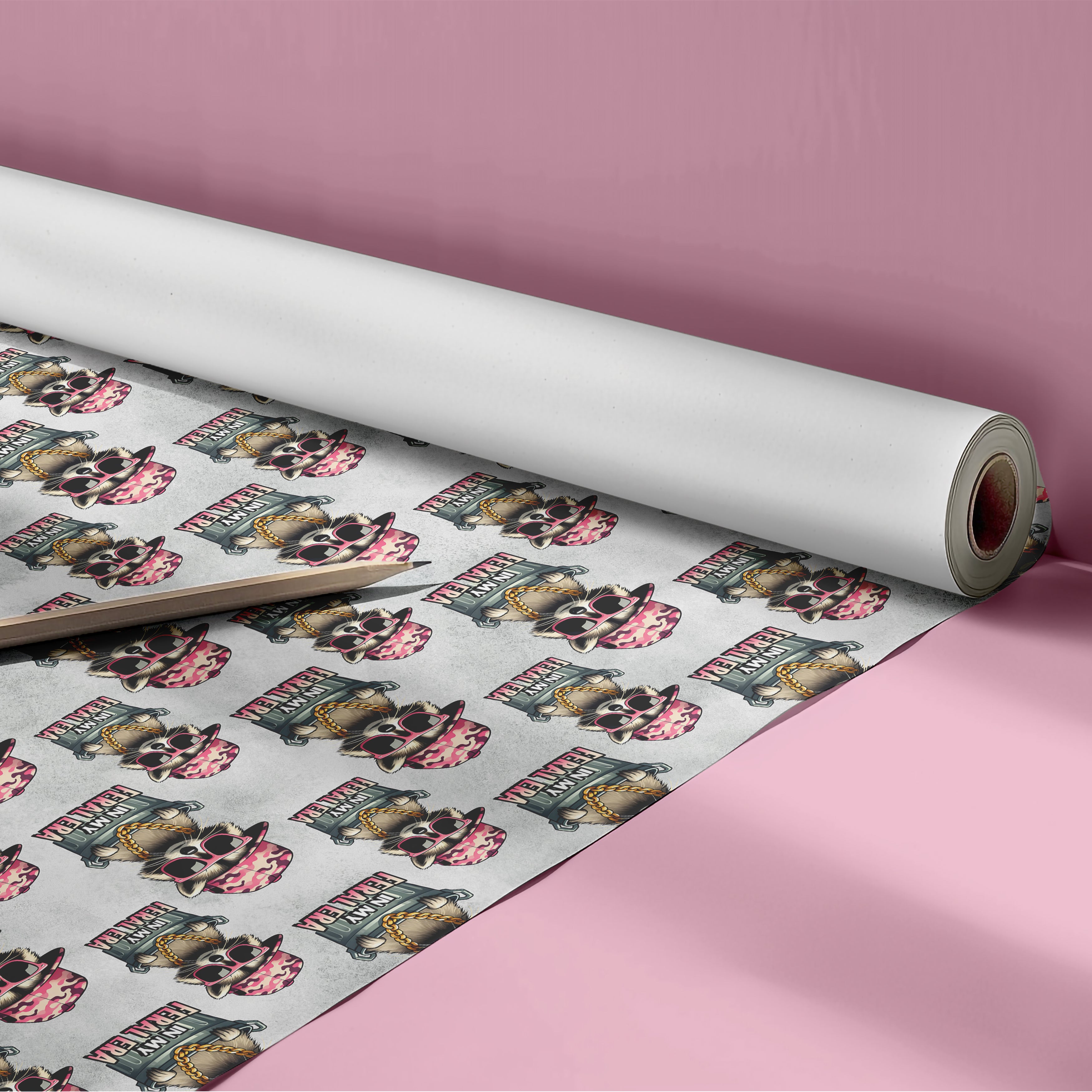 "In My Feral Era" Raccoon Wrapping Paper Sheet – Funny Novelty Trash Panda Gift Wrap for Birthdays and Friends, Grey