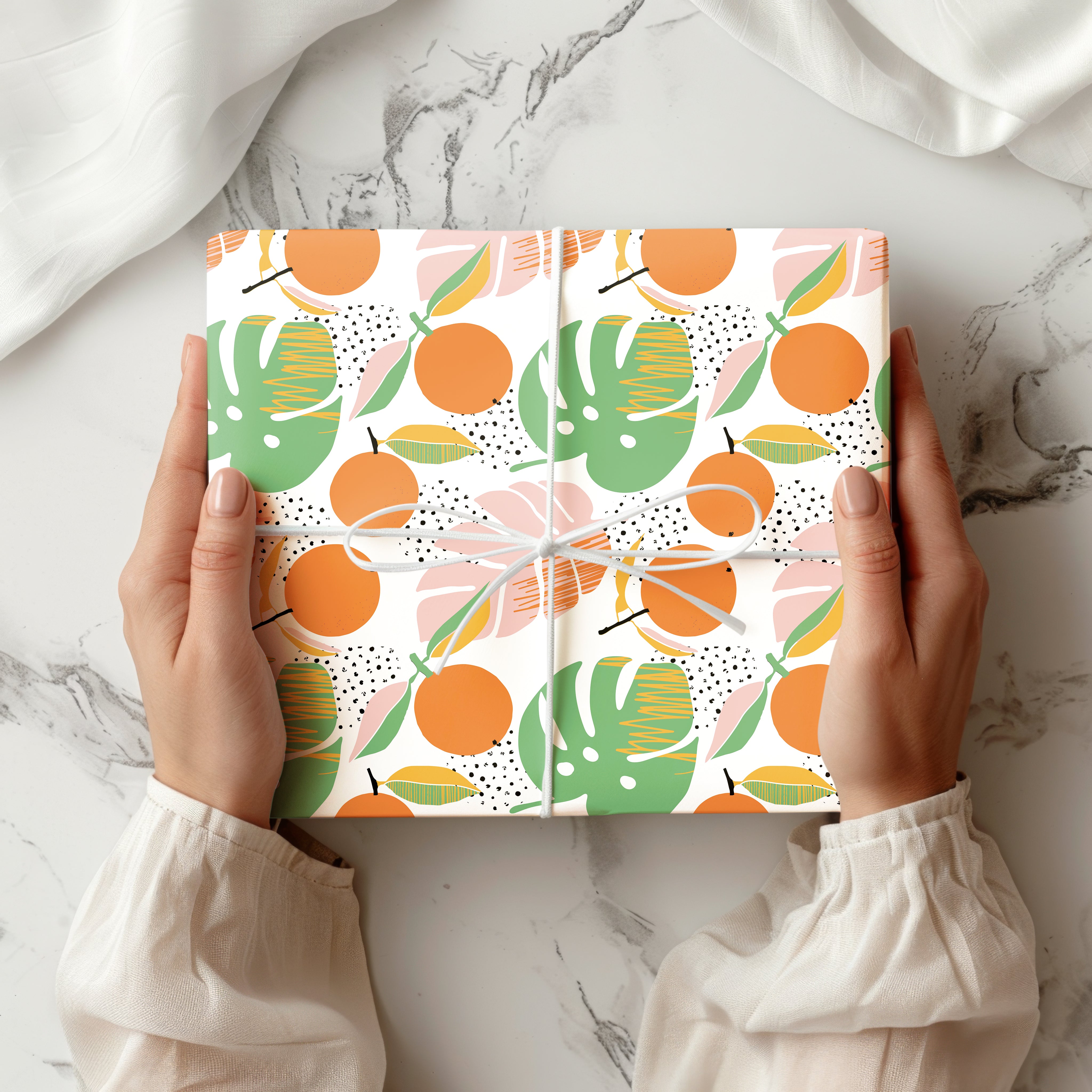 Tropical Orange and Palm Leaf Wrapping Paper Sheet – Modern Abstract Botanical Gift Wrap for Birthdays and Summer Occasions, Green and Orange