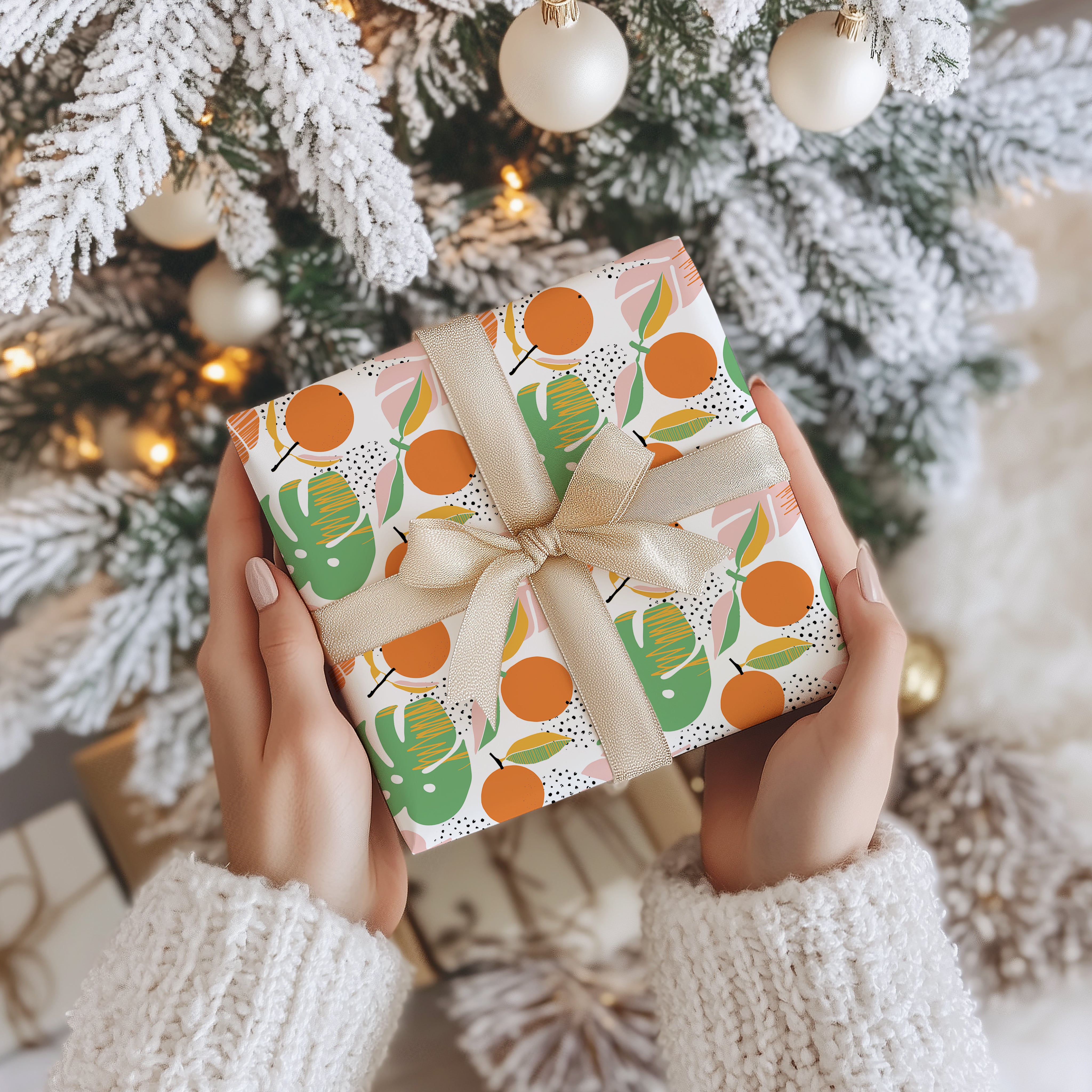 Tropical Orange and Palm Leaf Wrapping Paper Sheet – Modern Abstract Botanical Gift Wrap for Birthdays and Summer Occasions, Green and Orange