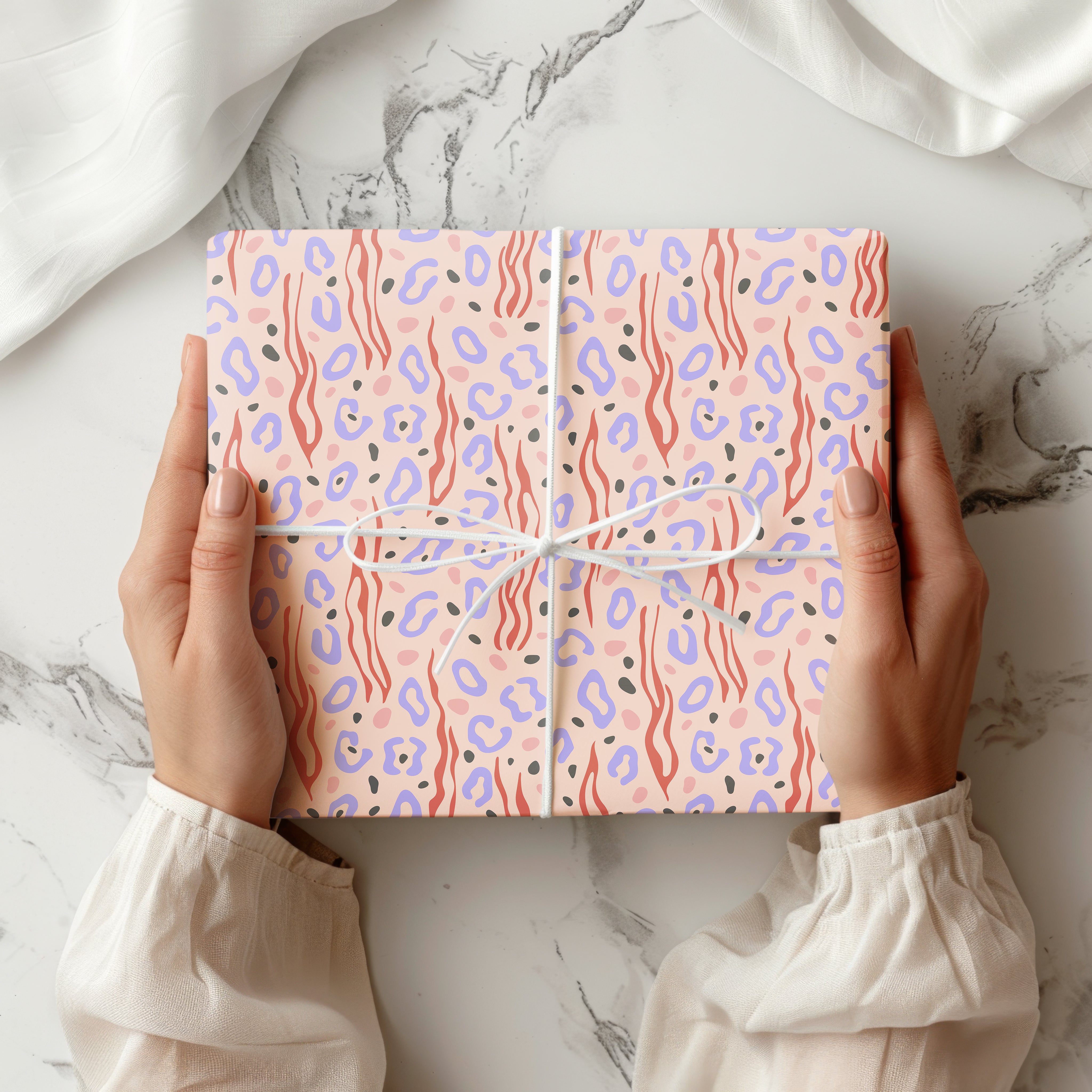 Abstract Animal Print Wrapping Paper Sheet – Modern Pastel Leopard and Zebra Stripe Gift Wrap for Birthdays, Lilac and Blush