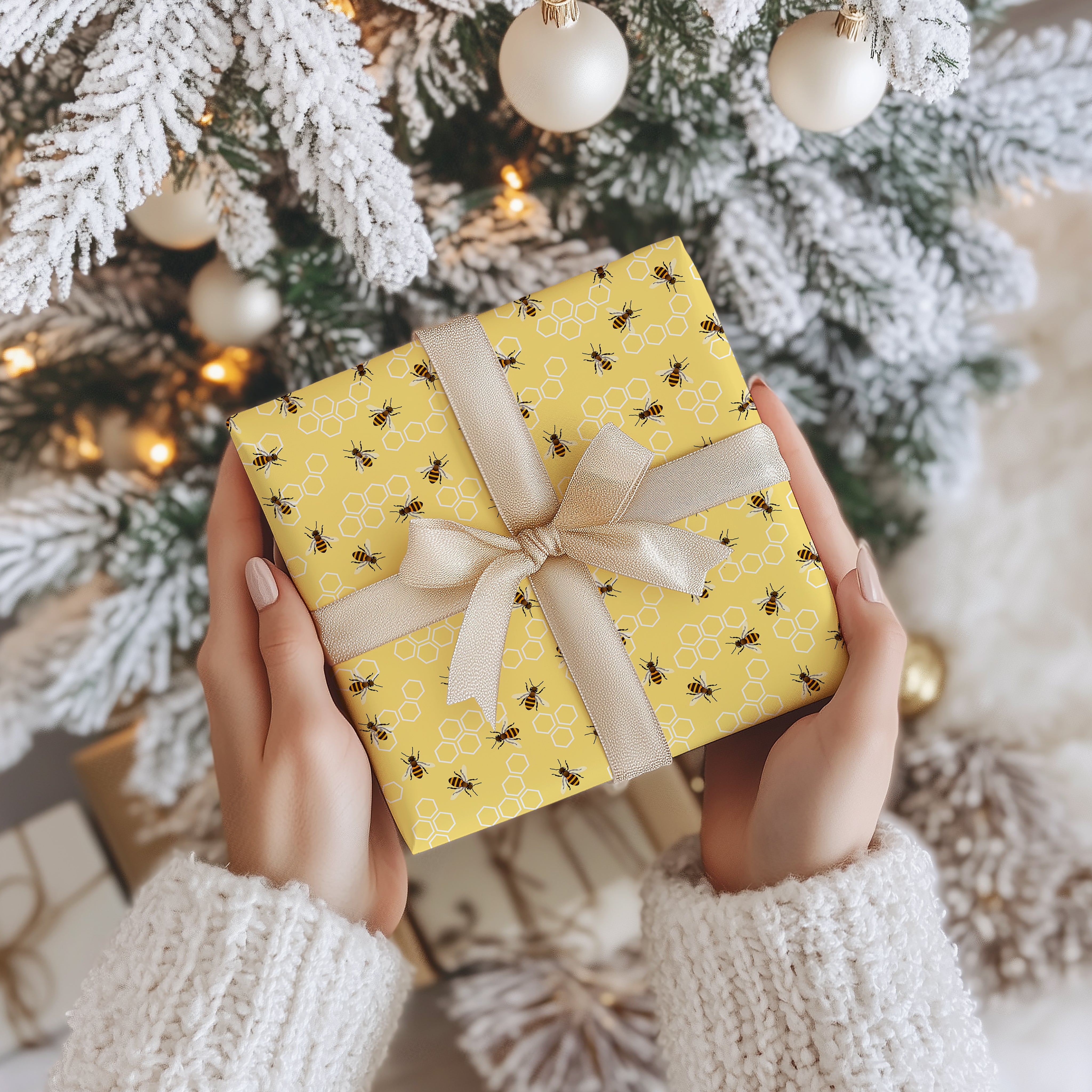 Honey Bee and Honeycomb Wrapping Paper Sheet – Cute Nature Pattern Gift Wrap for Birthdays and Spring Occasions, Yellow