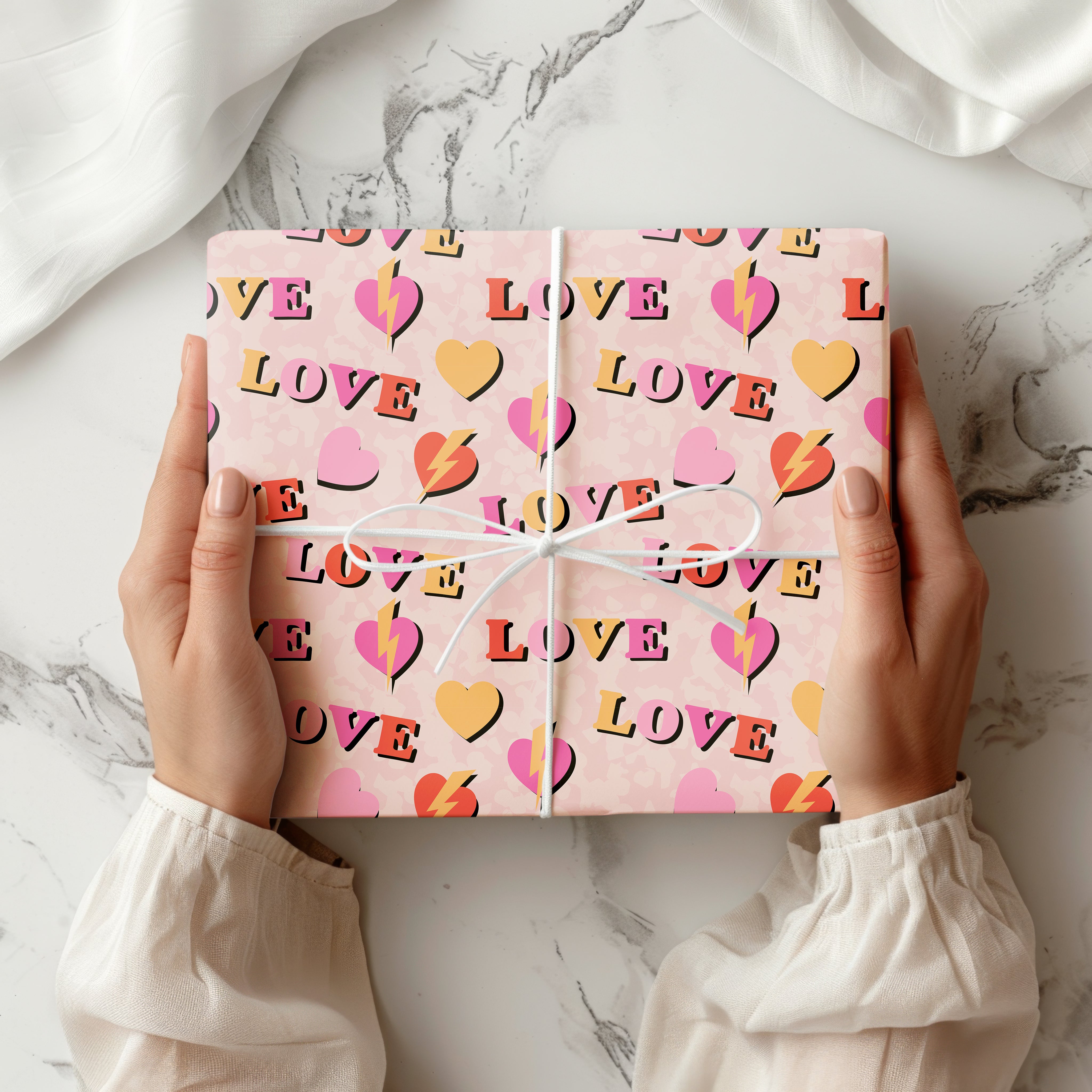 Retro "LOVE" Typography Wrapping Paper Sheet – Cute Hearts and Lightning Bolt Pattern Gift Wrap for Valentine's Day and Birthdays, Pink and Mustard