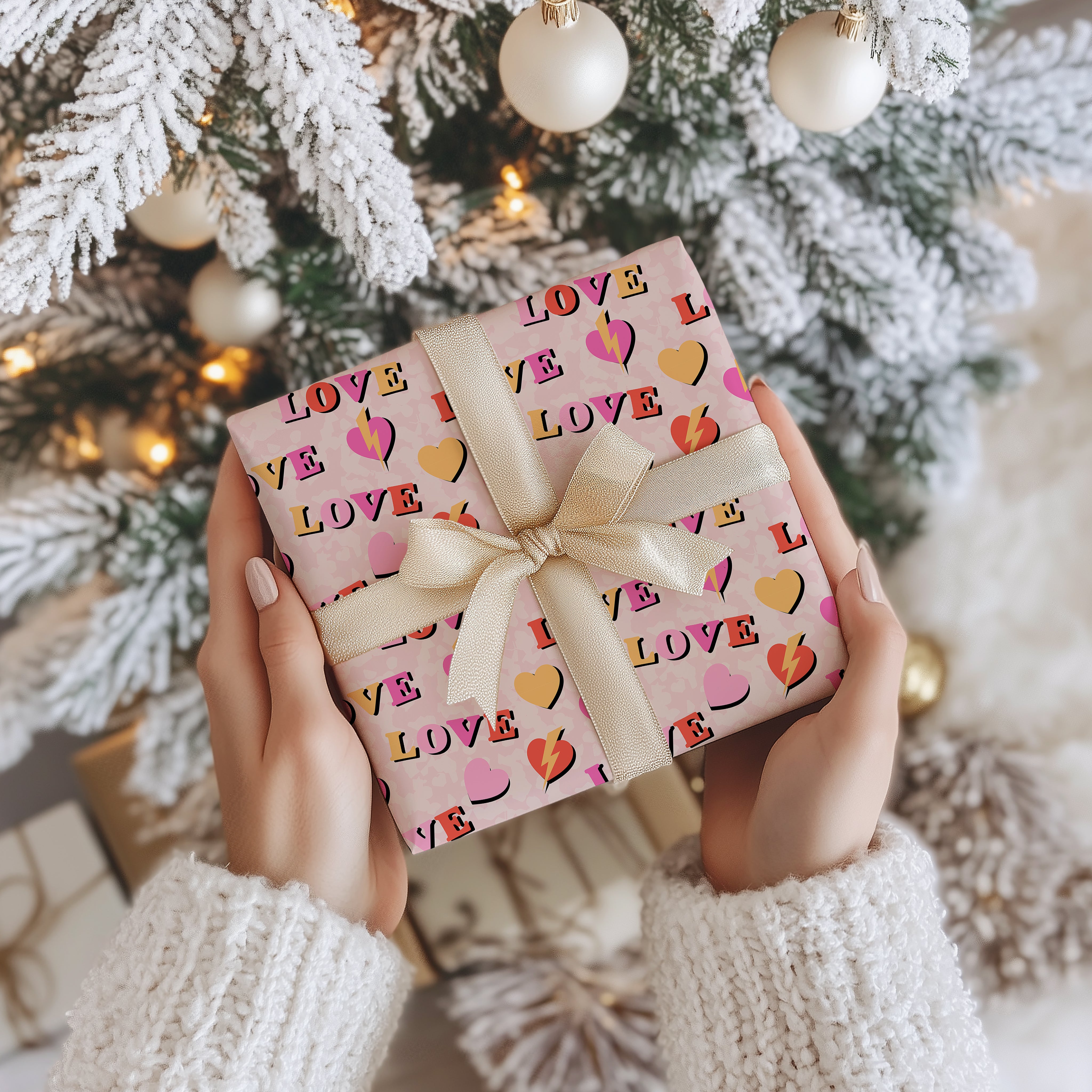 Retro "LOVE" Typography Wrapping Paper Sheet – Cute Hearts and Lightning Bolt Pattern Gift Wrap for Valentine's Day and Birthdays, Pink and Mustard