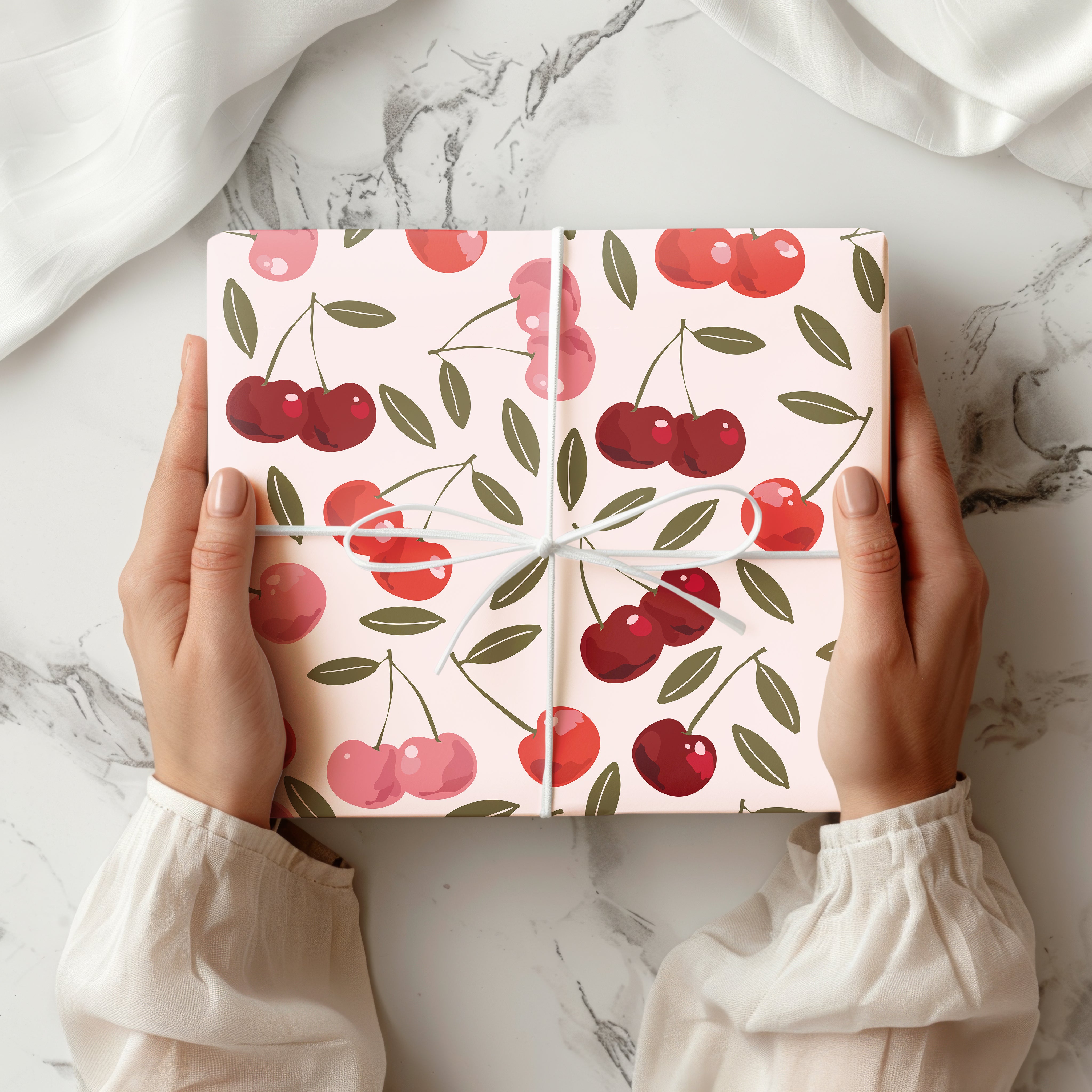 Vintage Cherry Pattern Wrapping Paper Sheet – Cute Botanical Fruit Gift Wrap for Birthdays and All Occasions, Red and Pink
