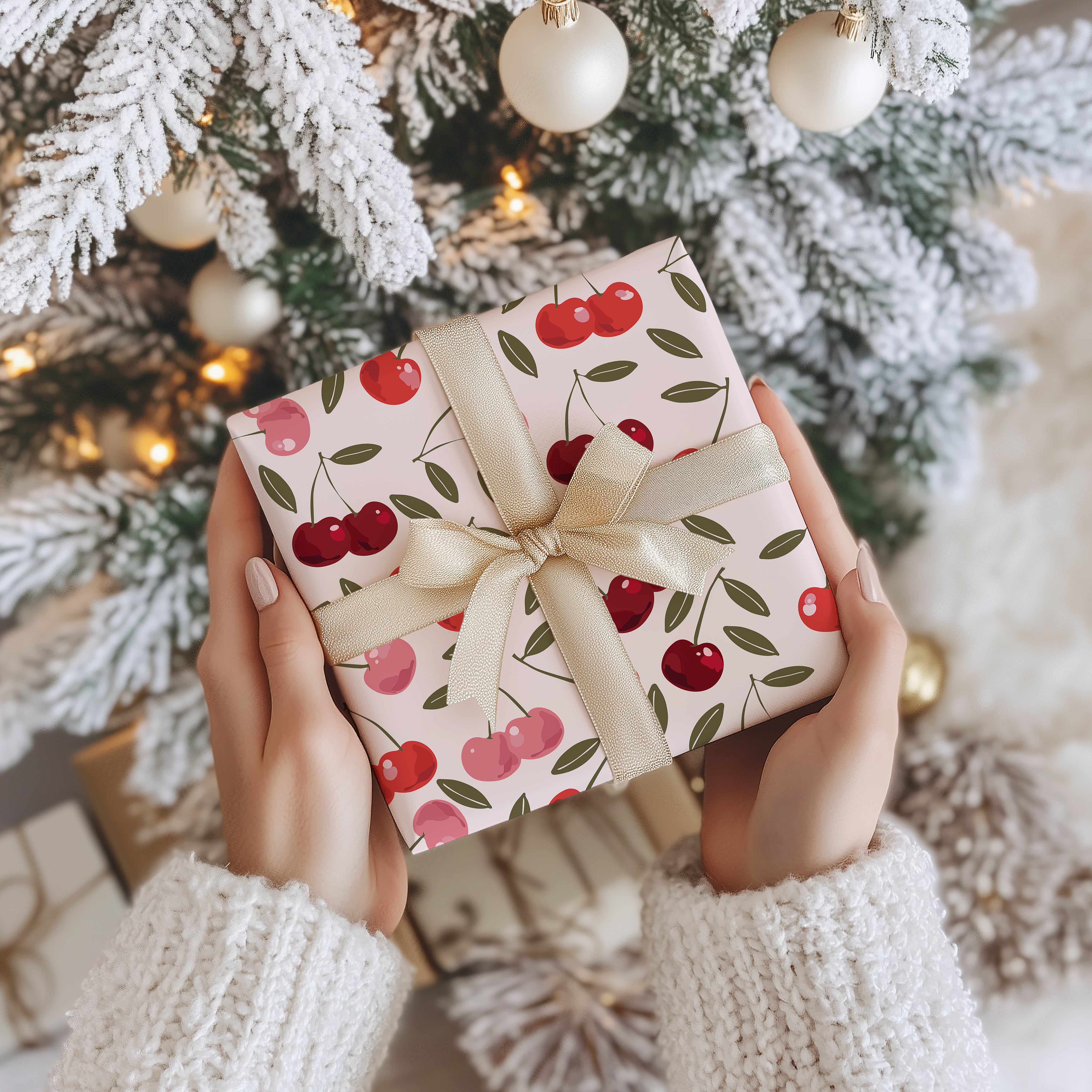 Vintage Cherry Pattern Wrapping Paper Sheet – Cute Botanical Fruit Gift Wrap for Birthdays and All Occasions, Red and Pink