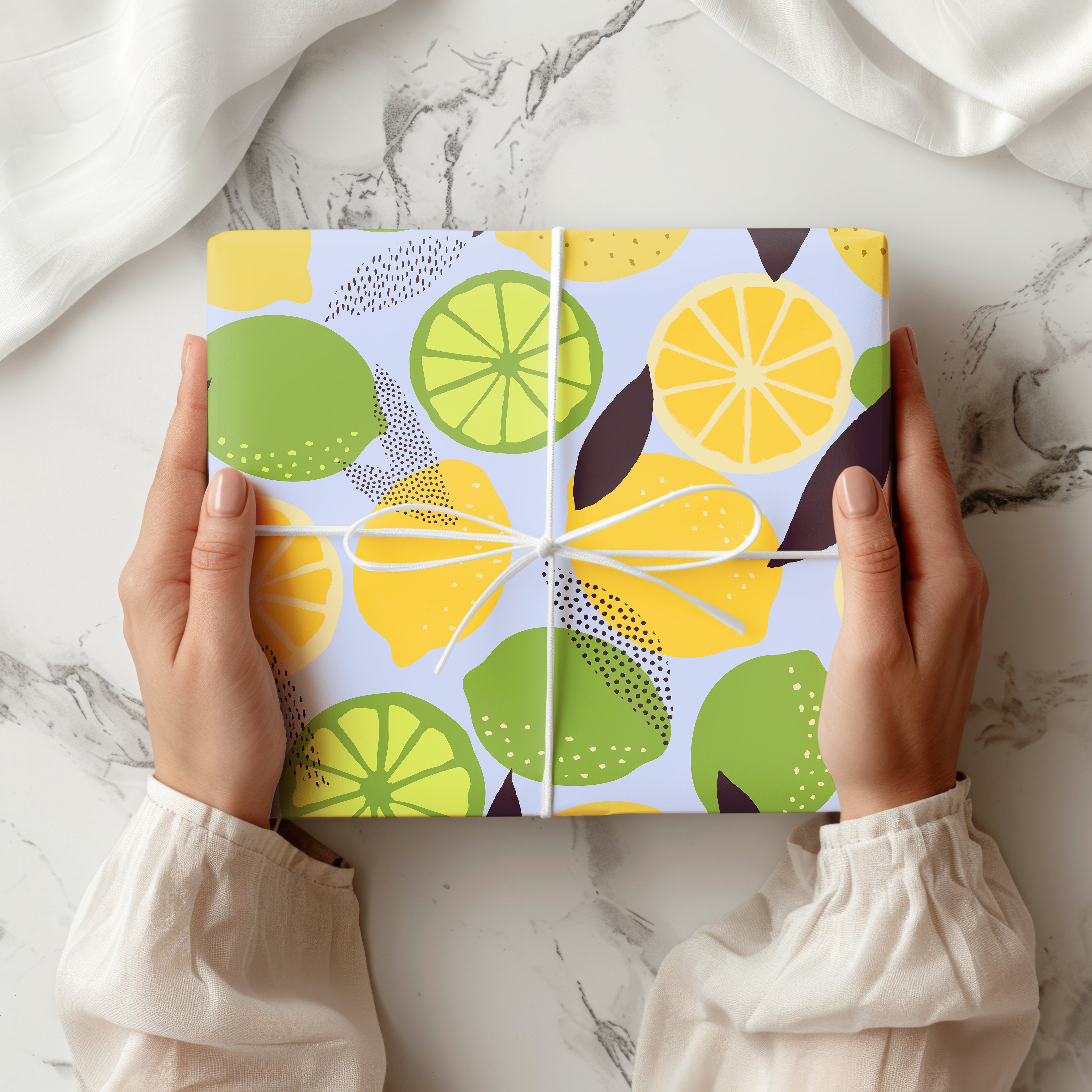 Citrus Lemon and Lime Wrapping Paper Sheet – Modern Botanical Fruit Pattern Gift Wrap for Summer and Birthdays, Yellow and Green