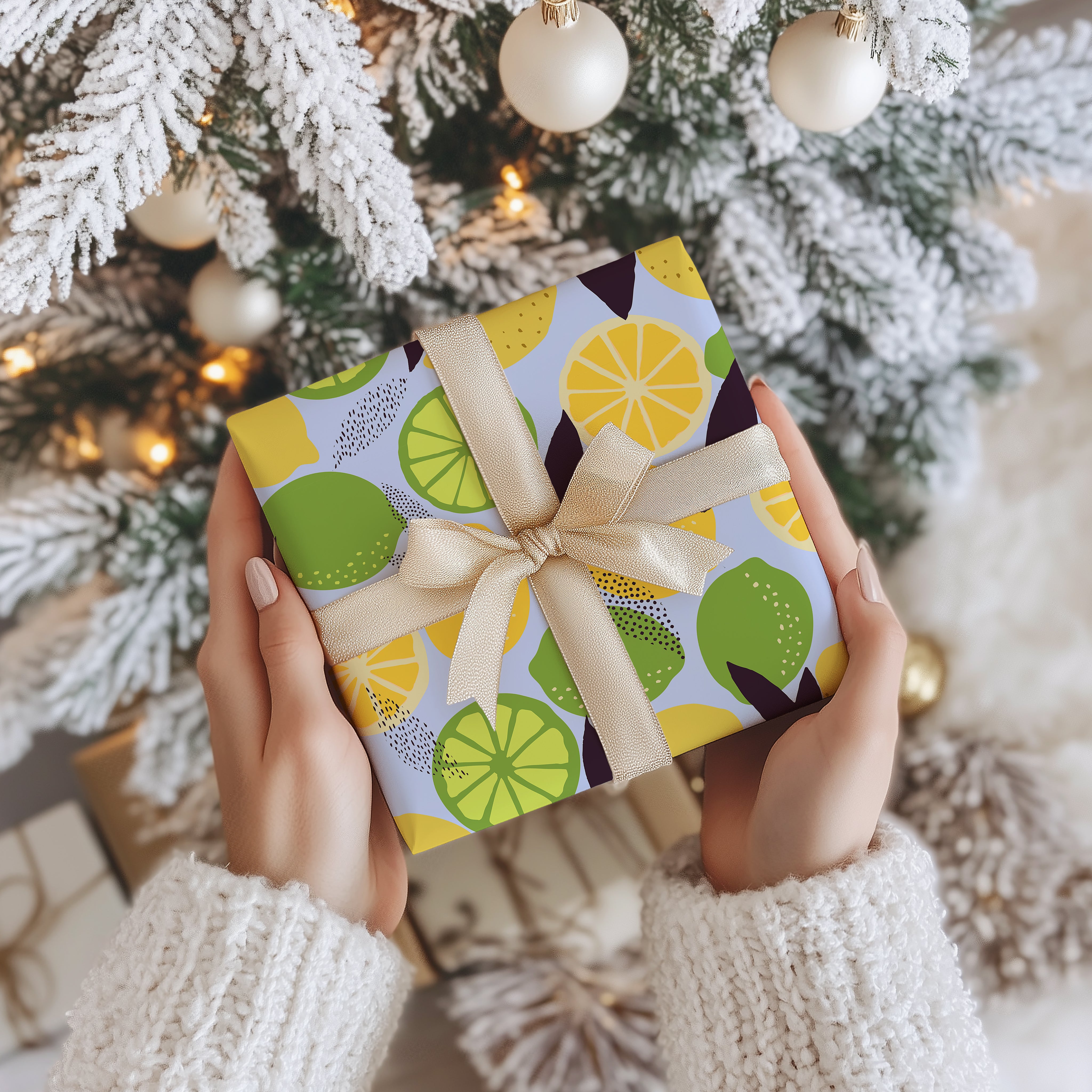 Citrus Lemon and Lime Wrapping Paper Sheet – Modern Botanical Fruit Pattern Gift Wrap for Summer and Birthdays, Yellow and Green